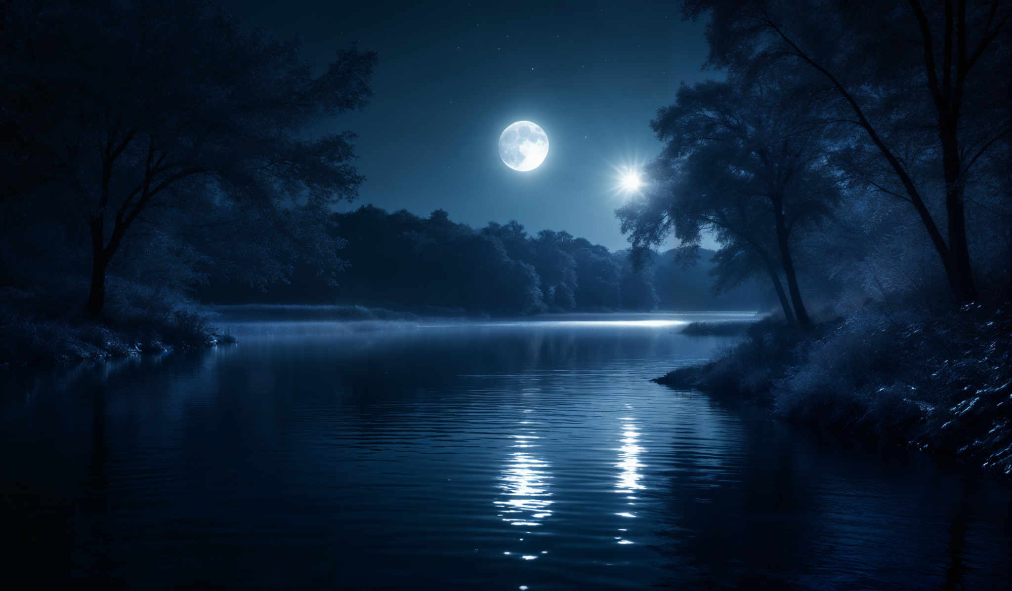 The image showcases a serene nighttime landscape. The dominant colors are shades of blue and black, creating a cool and tranquil ambiance. The moon, appearing full and bright, is positioned in the sky, casting a soft glow on the water below. The water reflects the moon's light, creating ripples and a shimmering effect. On the left side, there's a tall tree with its branches reaching out, its leaves covered in a frost-like substance, giving it a frosty appearance. The background is filled with a dense forest, and the sky is dotted with stars.