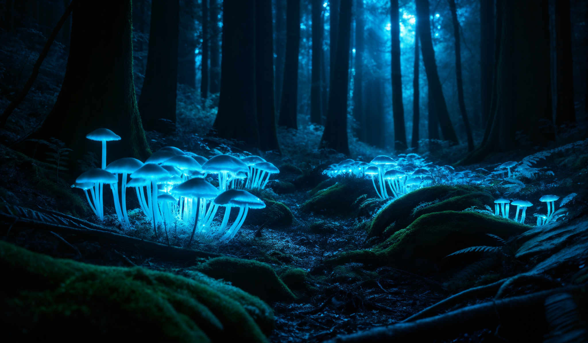 The image showcases a dark, misty forest with tall, slender trees. The ground is covered with moss and ferns, and there are clusters of luminescent, blue mushrooms. The mushroom clusters glow, illuminating the surrounding area with a soft, ethereal light. The overall color palette is dominated by shades of blue, green, and black, creating a mystical and enchanting atmosphere.