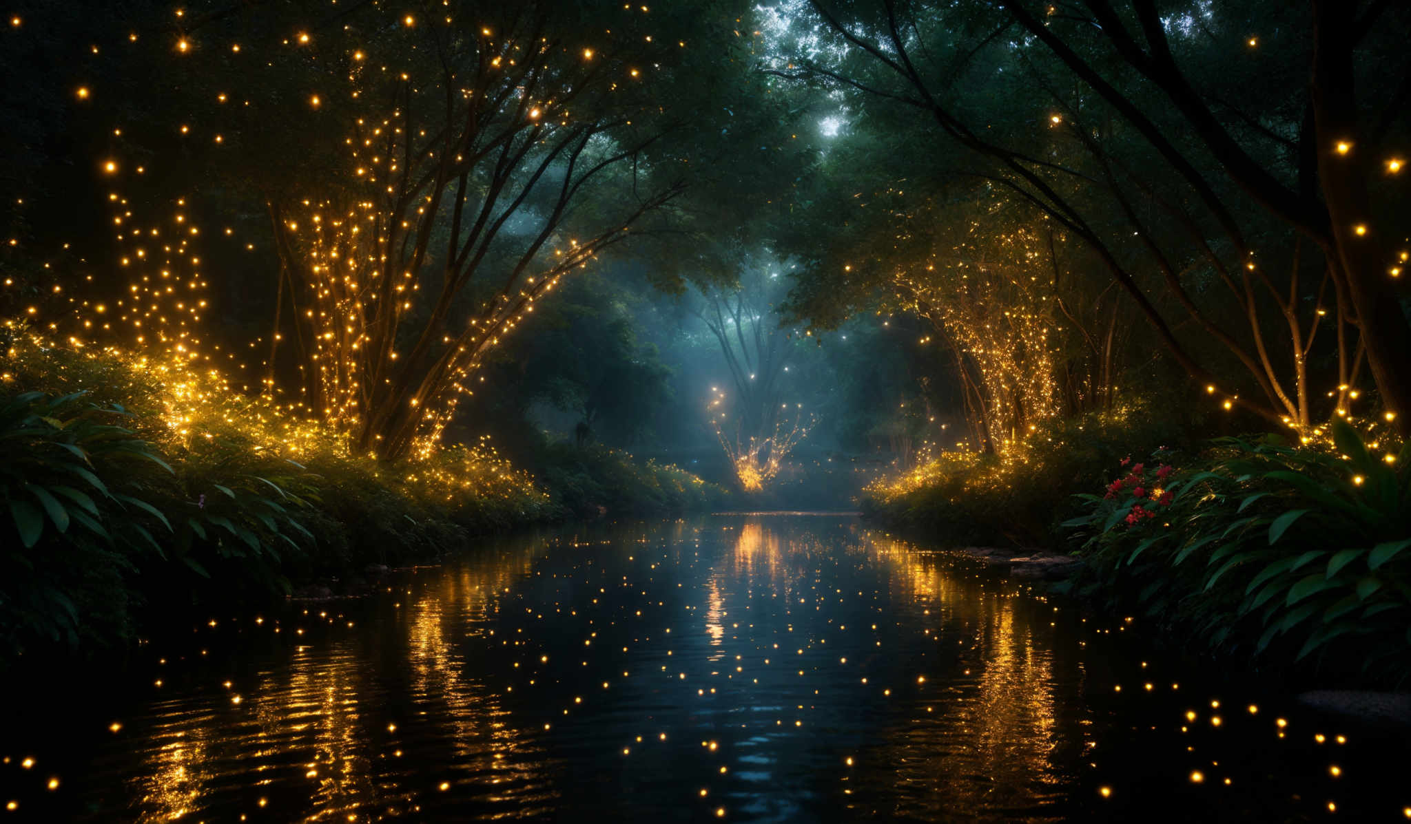 The image showcases a serene and mystical scene of a forest. The trees are tall and have a slender shape, with their branches extending outwards. The forest is densely packed with green foliage, and there's a misty ambiance, giving it a dreamy feel. The ground is covered with lush green plants and flowers. A calm water body runs through the center of the image, reflecting the trees and the glowing lights. The water is dotted with small, glow-like orbs, possibly representing fireflies or magical entities. The overall color palette is dominated by shades of green, gold, and a soft blue from the mist.