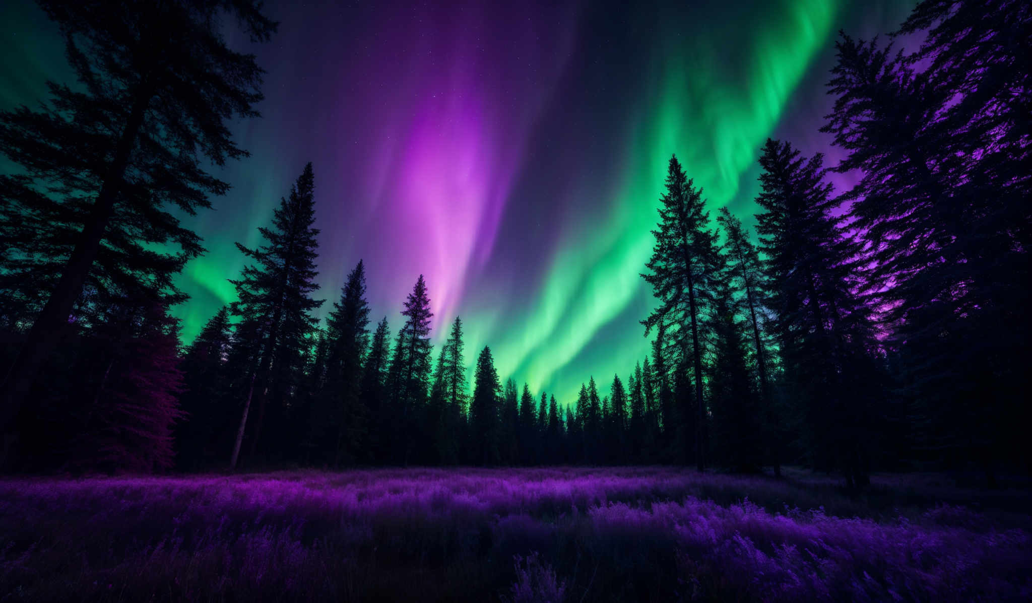 The image showcases a breathtaking view of the Northern Lights, also known as the Aurora Borealis. These lights display a vibrant array of colors, predominantly shades of green and purple, dancing across the night sky. The shape of the lights is wavy and flowing, giving an ethereal and mesmerizing appearance. The foreground of the image features a dense forest with tall pine trees. The ground is illuminated with a soft glow, possibly from the moonlight or ambient light, and is covered with a carpet of purple-hued grass or flowers.