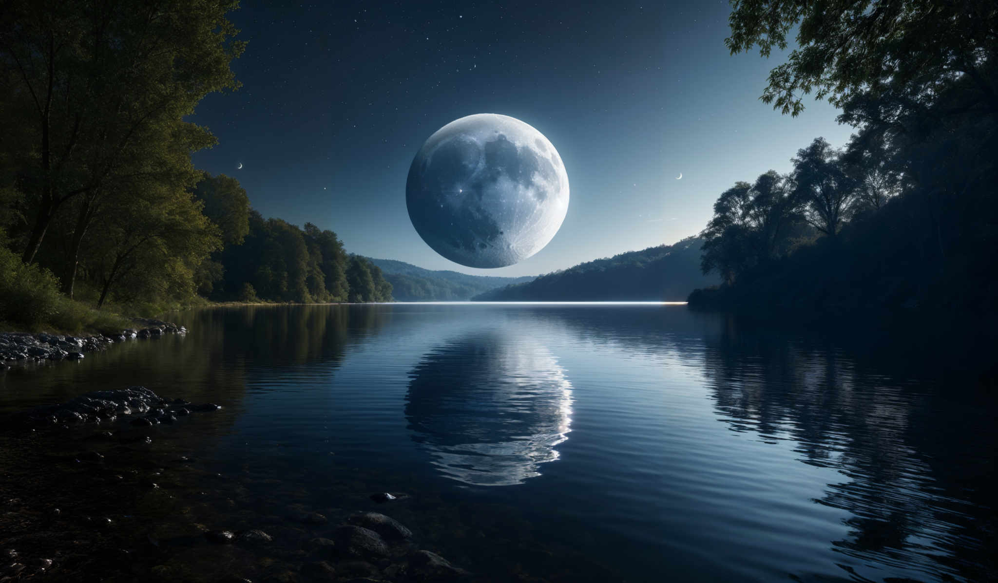 The image showcases a serene nighttime landscape. The dominant colors are deep blues and blacks, representing the night sky and the water. The moon, which is the primary focus, is depicted in a detailed and realistic manner, showcasing its craters and surface details. It is positioned centrally, casting a luminous glow on the water below. The water reflects the moon and the surrounding trees, creating a mirror-like effect. On the left side, there's a dense forest with tall trees, and their reflections can be seen in the water, adding depth to the scene. The sky is dotted with stars, adding to the mystical ambiance of the image, and there're also a few celestial bodies, possibly planets, visible in the distance.