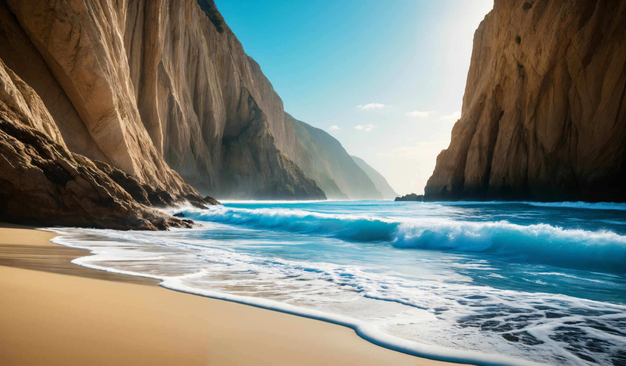 The image showcases a breathtaking coastal scene. The dominant colors are the deep blue of the ocean, the golden brown of the cliffs, and the bright white of the waves crashing against the shore. The cliffs are tall and rugged, with a sheer vertical drop on one side. The waves, with their frothy white foam, crash against the base of the rocks, creating a white water effect. The sunlight illuminates the cliff faces, highlighting their textures and giving them a warm, golden hue. The sky is clear with a few scattered clouds, allowing the sun to shine brightly on the scene.