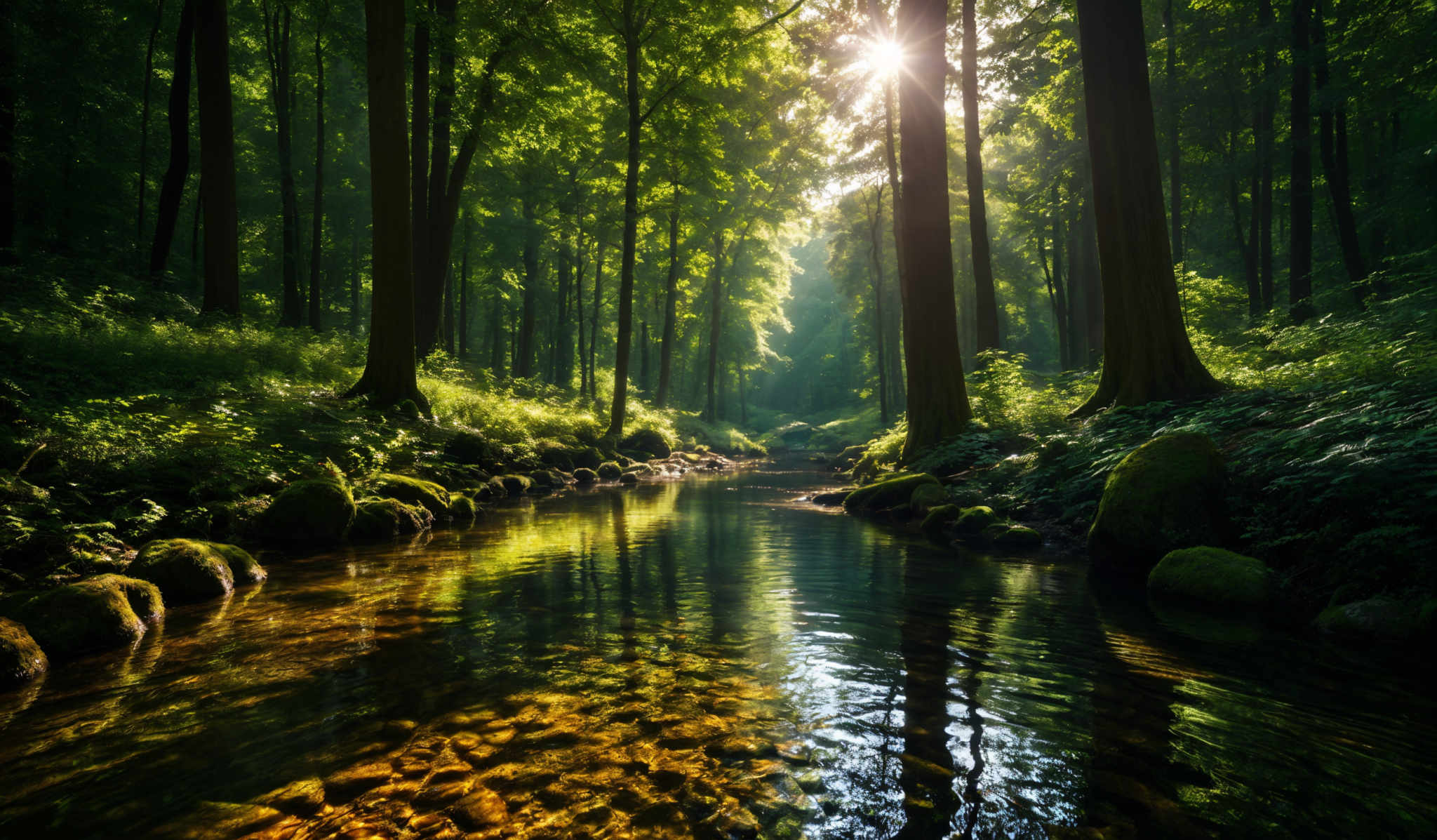 The image showcases a serene forest scene with tall, slender trees whose trunks are dark and prominent. The foliage is lush and green, with the sunlight filtering through the canopy, casting a warm, golden hue on the scene. A calm river flows through the forest, with its clear waters reflecting the surrounding trees and the sun. The riverbed is lined with smooth, rounded stones, and the water's surface has ripples, suggesting a gentle flow. The overall ambiance of the image is tranquil and peaceful.