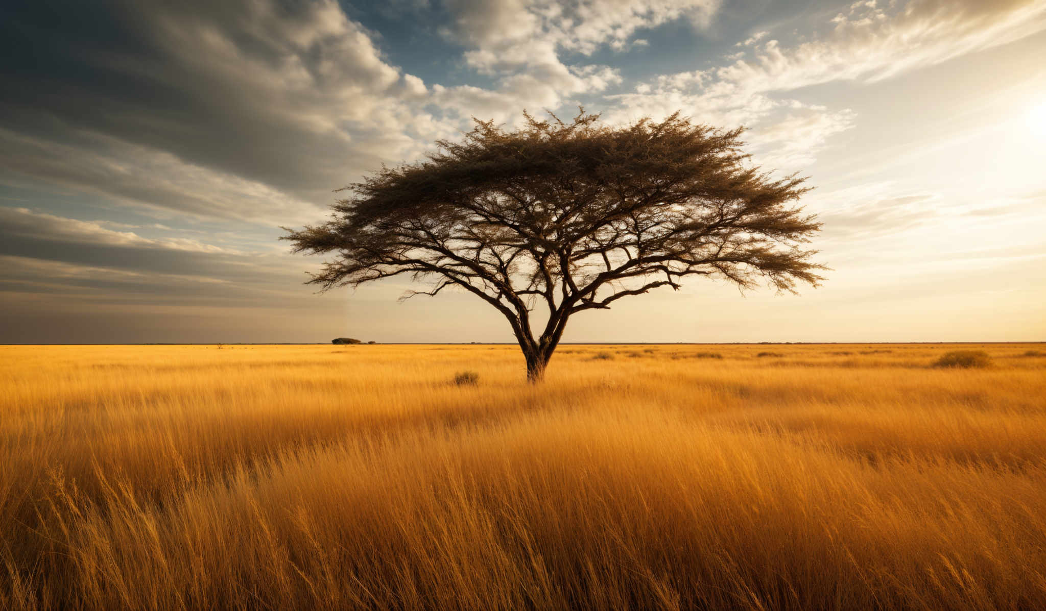 The image showcases a vast expanse of golden-yellow grasslands stretching to the horizon. Dominating the scene is a solitary, umbrella-shaped tree with dense foliage. The sky overhead is a mix of dark and light clouds, hinting at a possible change in weather. The sun is partially obscured by the clouds, casting a warm, golden hue over the landscape.