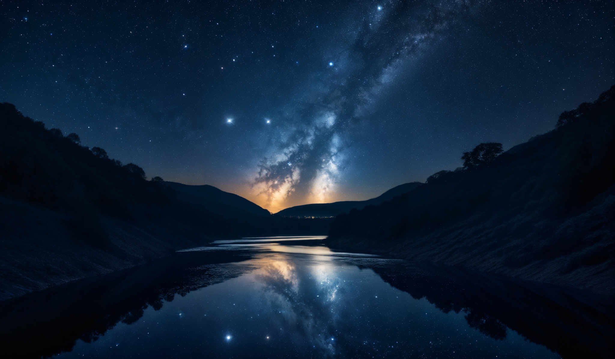 The image showcases a breathtaking night sky with a dense cluster of stars and the Milky Way galaxy stretching across it. The Milky way appears as a bright, cloudy band of light, with its characteristic dust lanes and clusters of stars. The sky is predominantly dark blue, with the brightness of the Milk Way providing a stark contrast. Below the sky, there's a serene landscape featuring a calm river or lake reflecting the celestial beauty above. On either side of the water body, there are silhouettes of hills or mountains, and the horizon shows a faint glow, possibly from a distant city or natural phenomenon.