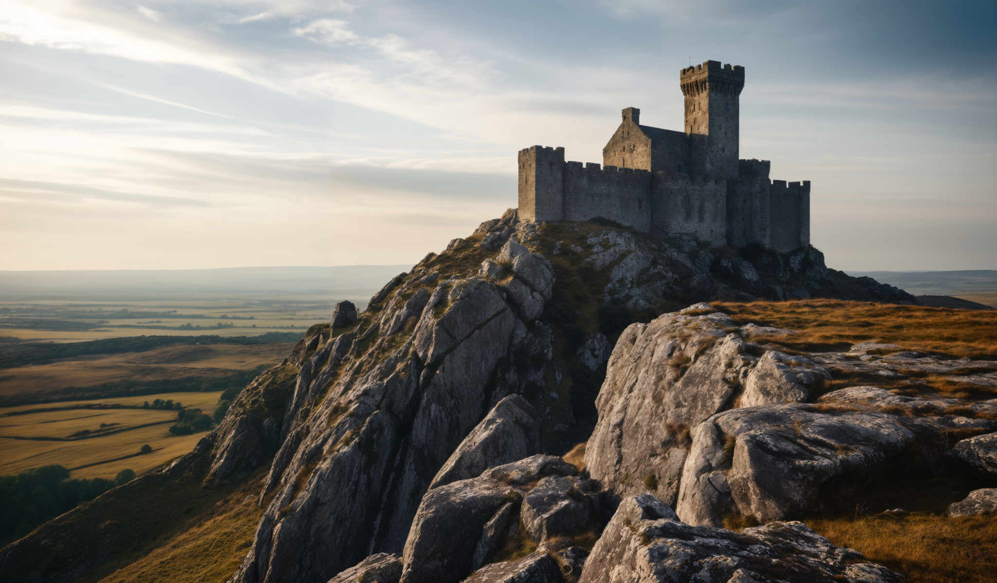 The image showcases a majestic castle perched atop a rocky cliff. The castle has a tall tower and multiple battlements, giving it a medieval appearance. The cliff itself is rugged with sharp edges and is covered in patches of grass. The landscape below the castle is vast, with fields stretching out to the horizon. The sky above is partly cloudy, with the sun casting a warm glow over the scene.