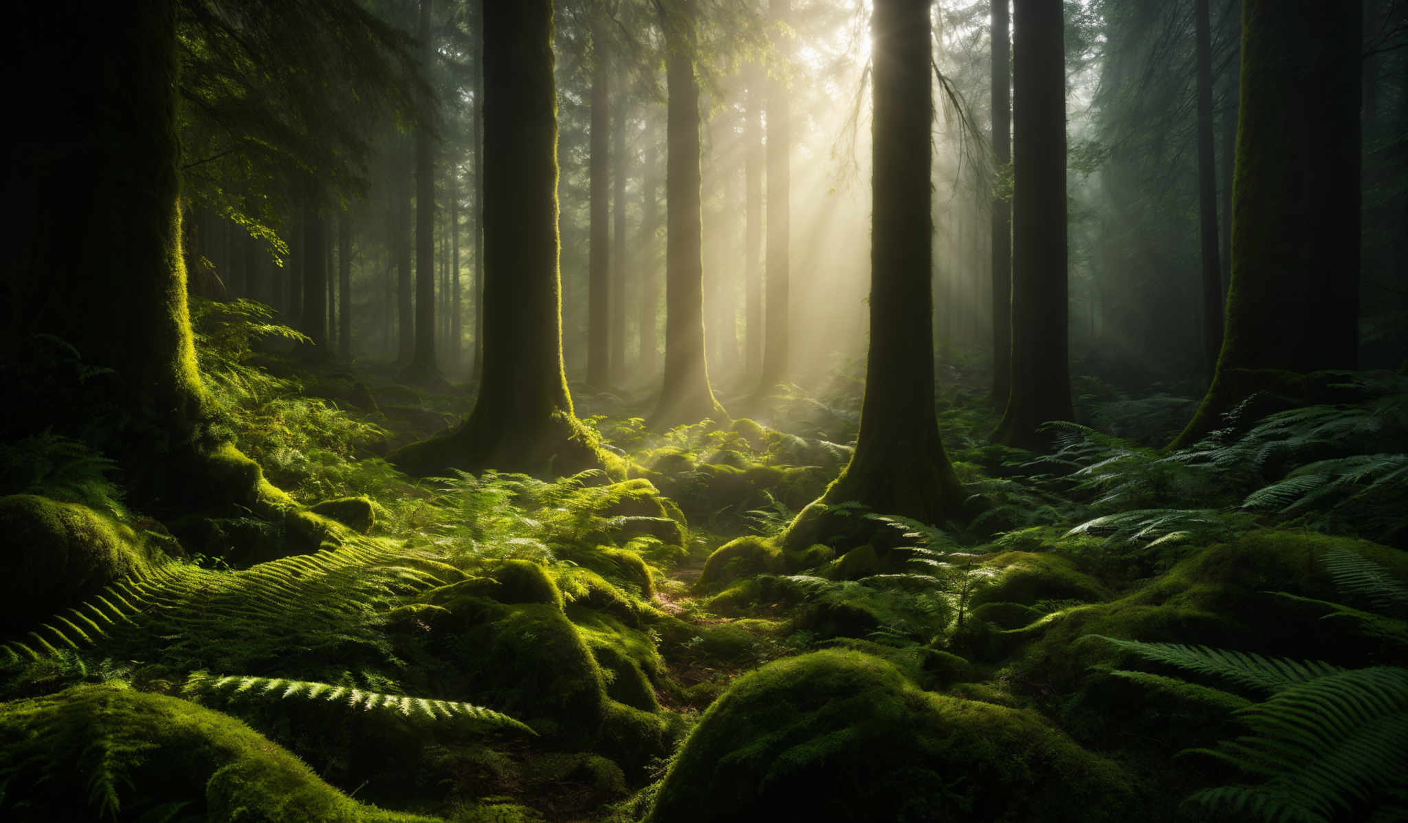 The image showcases a lush forest with tall, slender trees. The trees have a dark brown bark and are covered in moss, giving them a greenish hue. The forest floor is covered in vibrant green ferns and moss-covered rocks. Sunlight filters through the trees, casting a soft, ethereal glow on the scene. The overall color palette is dominated by various shades of green, with the contrasting dark brown of the tree trunks adding depth to the image, creating a serene and mystical atmosphere.