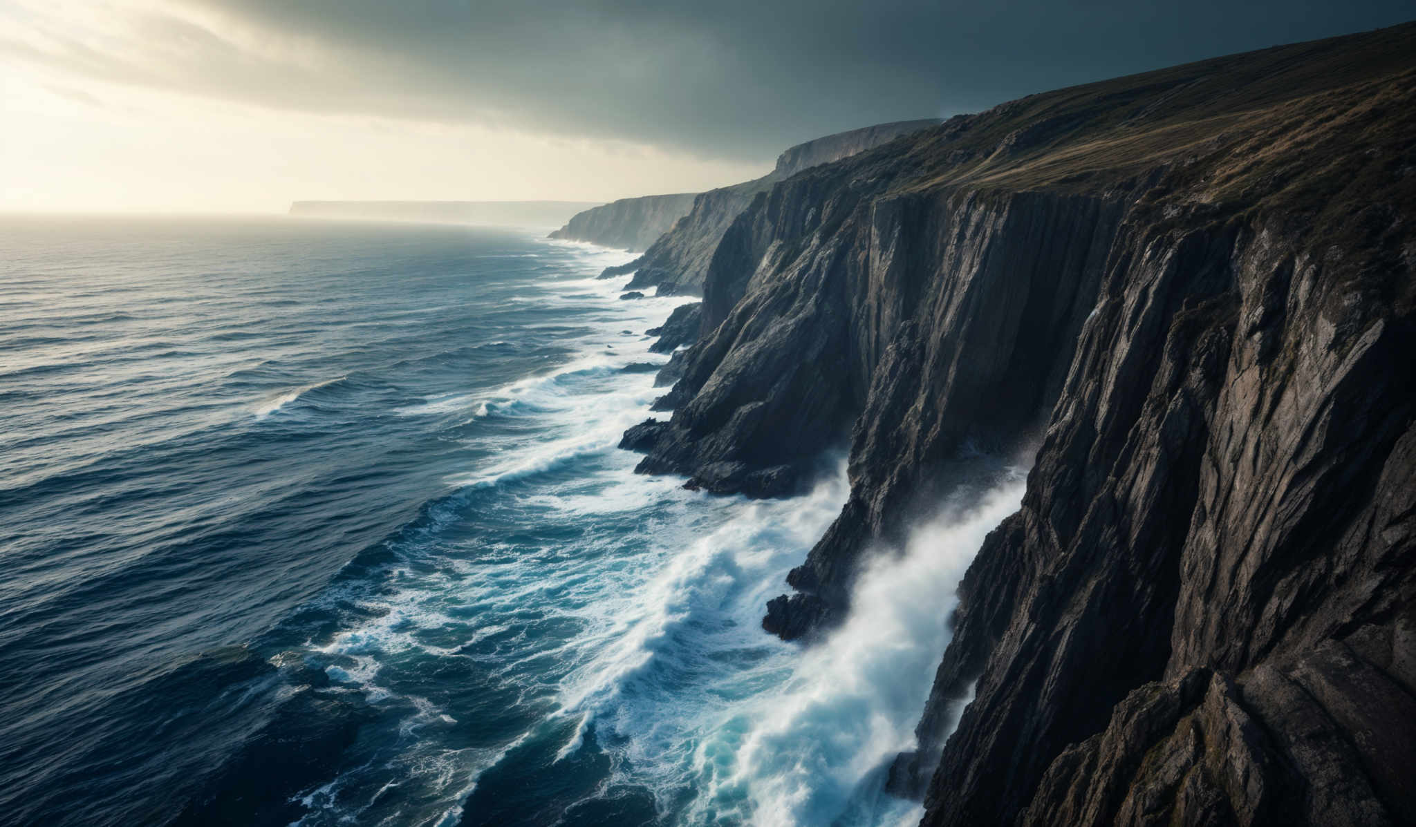 The image showcases a dramatic coastal landscape. The dominant colors are shades of blue, gray, and green. The coastline is characterized by tall, steep cliffs that plunge directly into the sea. The cliffs are rugged and have a dark, almost black hue, contrasting with the lighter blue of the sea below. The waves crash against the base of the cliffs, producing white foam. The sky above is overcast with dark clouds, suggesting an impending storm or recently cleared rain. In the distance, the horizon is visible, with the sea meeting the sky.