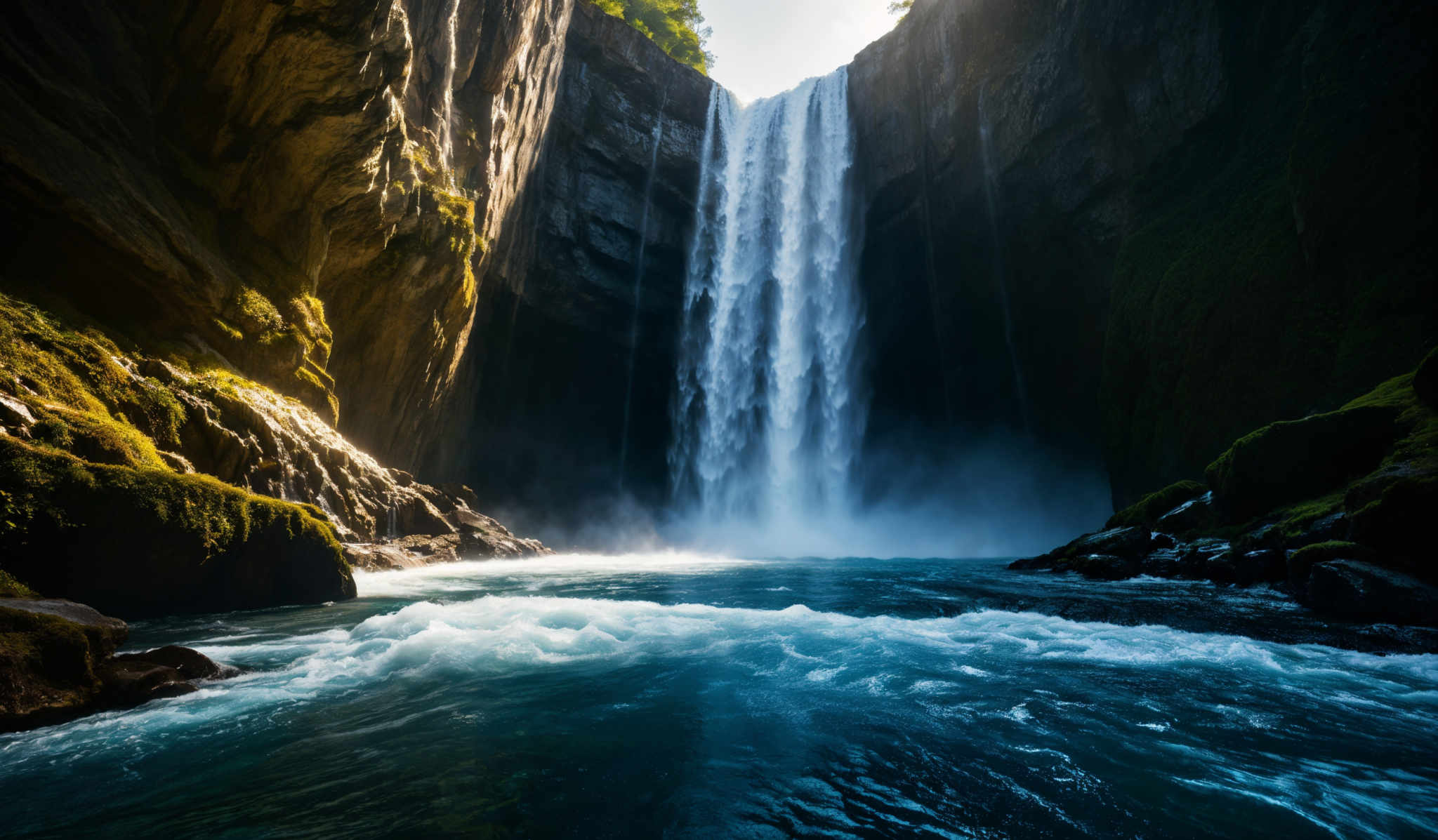 The image showcases a breathtaking waterfall cascading down a tall cliff surrounded by rugged rock formations. The waterfall is illuminated by sunlight, creating a misty ambiance. The rocks are moss-covered, indicating a moist environment. The turquoise blue water below the waterfall flows with a strong current, creating white frothy waves. The overall scene is a blend of earthy browns and greens, with the white of the cascades and the deep blue of the water providing a striking contrast.