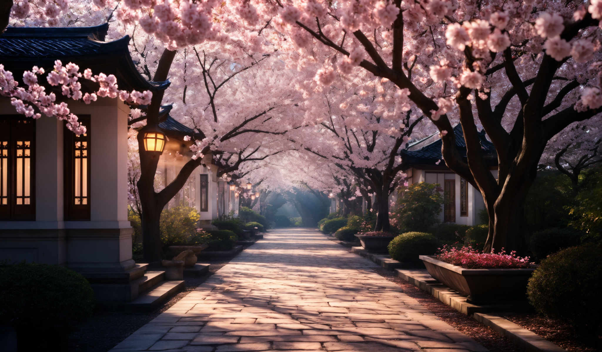 The image showcases a serene pathway lined with beautiful cherry blossom trees in full bloom. The trees have a dense canopy of pink blossoms, creating a picturesque tunnel. On either side of the pathway, there are traditional-looking structures with ornate roofs and large windows. The windows are illuminated, casting a warm golden glow on the path. The path itself is made of stone slabs, and there are well-maintained shrubs and plants placed along its sides. The overall ambiance of the image is tranquil and evokes a sense of peace and beauty.