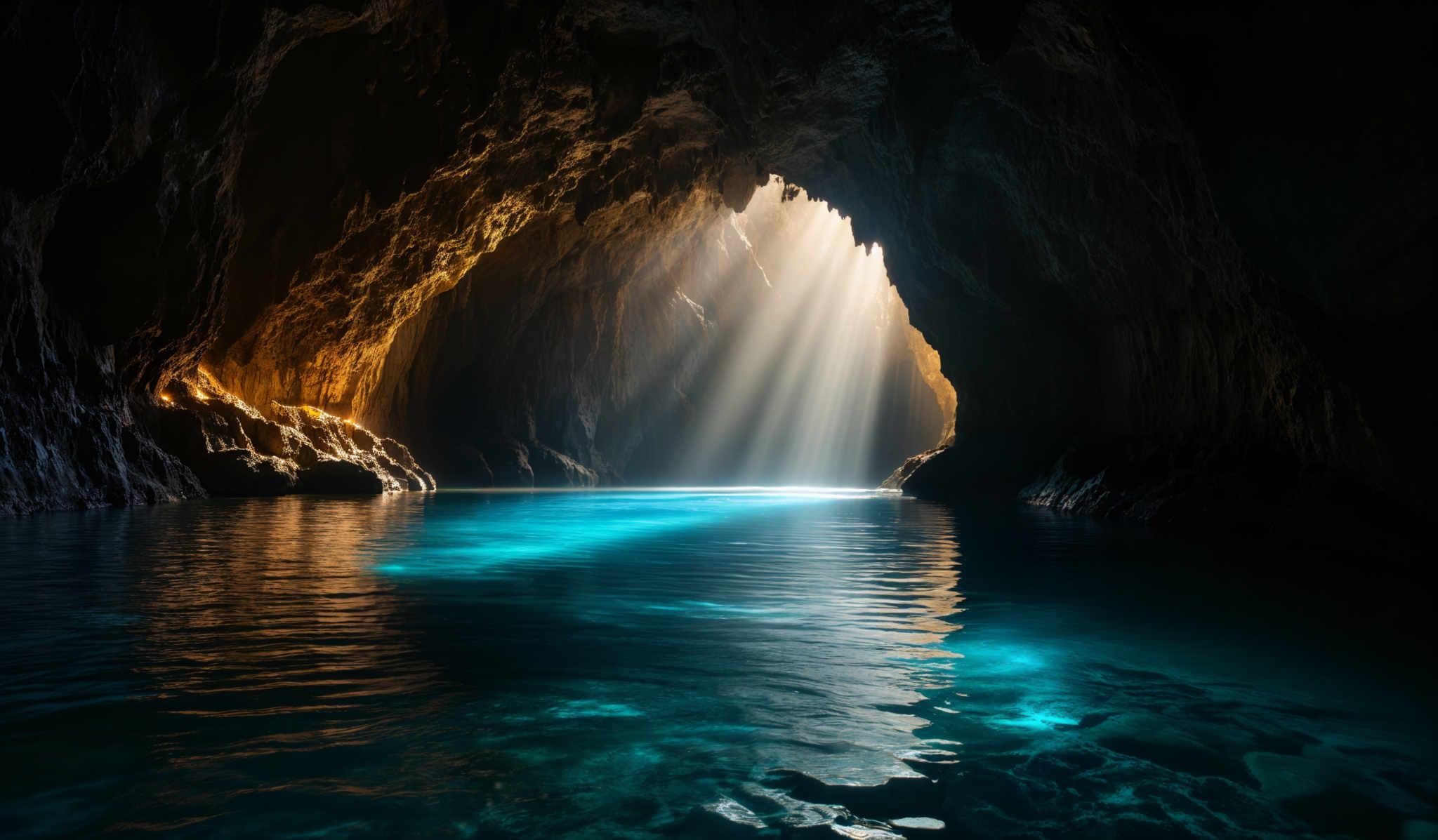 The image showcases a breathtaking view of a cave with a serene body of water inside. The cave's walls are rugged and have varying shades of brown and dark gray. The ceiling of the cave is arched, allowing sunlight to pour in from above, creating a beautiful contrast between the illuminated and shadowed areas. The sunlight casts a golden hue on the water, making it appear almost ethereal. The water is calm, reflecting the cave' s walls and the sunlight, and its color is a vibrant shade of turquoise.