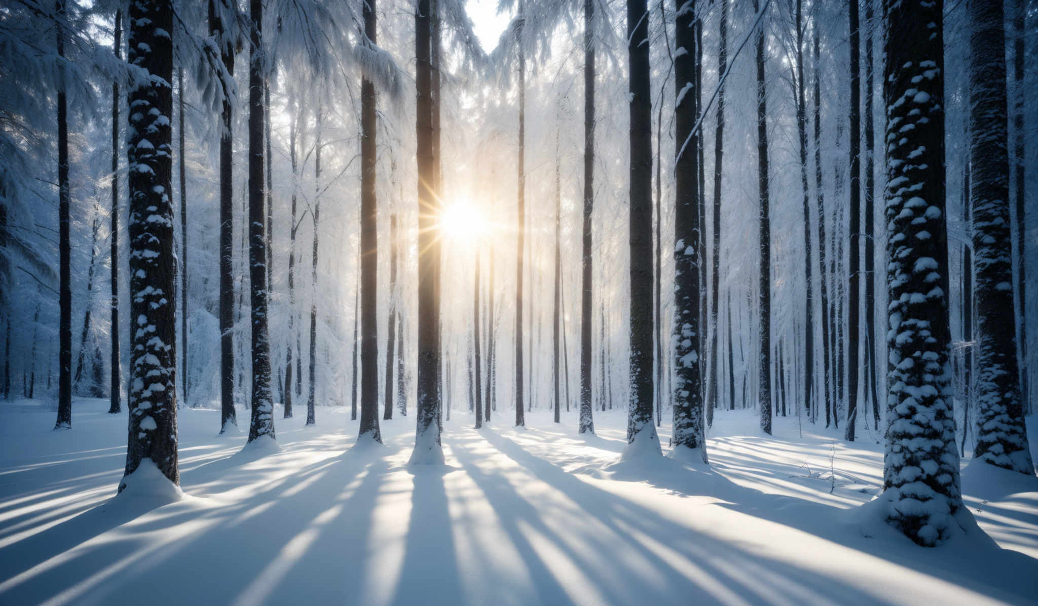 The image showcases a serene winter landscape. The dominant colors are shades of blue and white, representing the snow-covered ground and the frosty trees. The trees, tall and slender, are covered in a layer of snow, with their branches weighed down by the accumulation. The sun, positioned towards the center, casts a warm golden hue, creating a beautiful contrast with the cold surroundings. The shadows of the trees are elongated on the snow, adding depth to the scene.