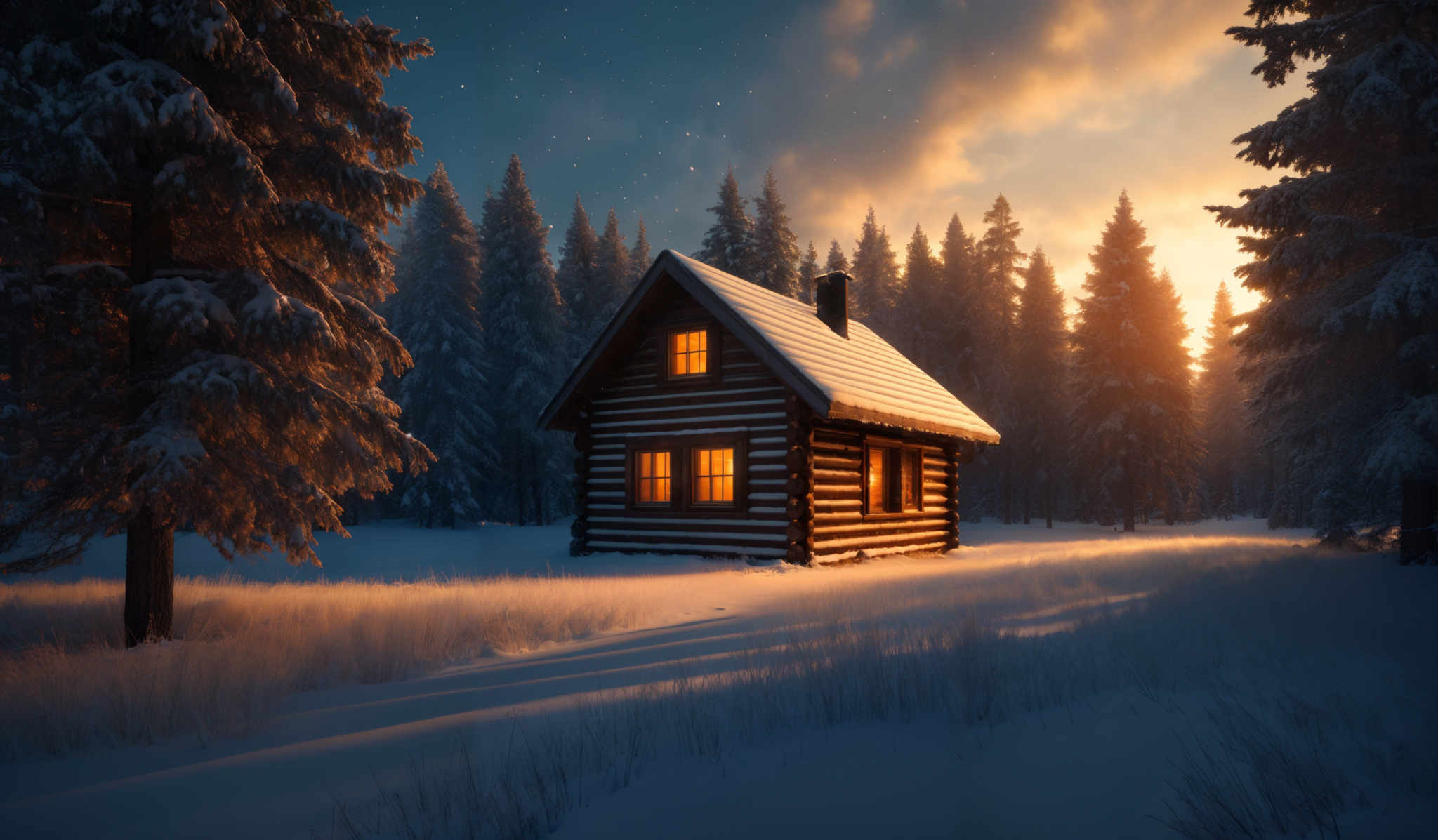 The image showcases a serene winter landscape. Dominating the scene are tall, snow-covered pine trees with their branches laden with fresh snow. The ground is blanketed in a thick layer of snow, with some areas showing patches of grass peeking through. In the center of the image, there's a cozy wooden cabin with a sloping roof, illuminated from within. The warm glow from the cabin contrasts beautifully with the cold, blue hues of the surrounding environment. The sky above is painted with hues from a setting or rising sun, casting a golden glow on the clouds and trees.