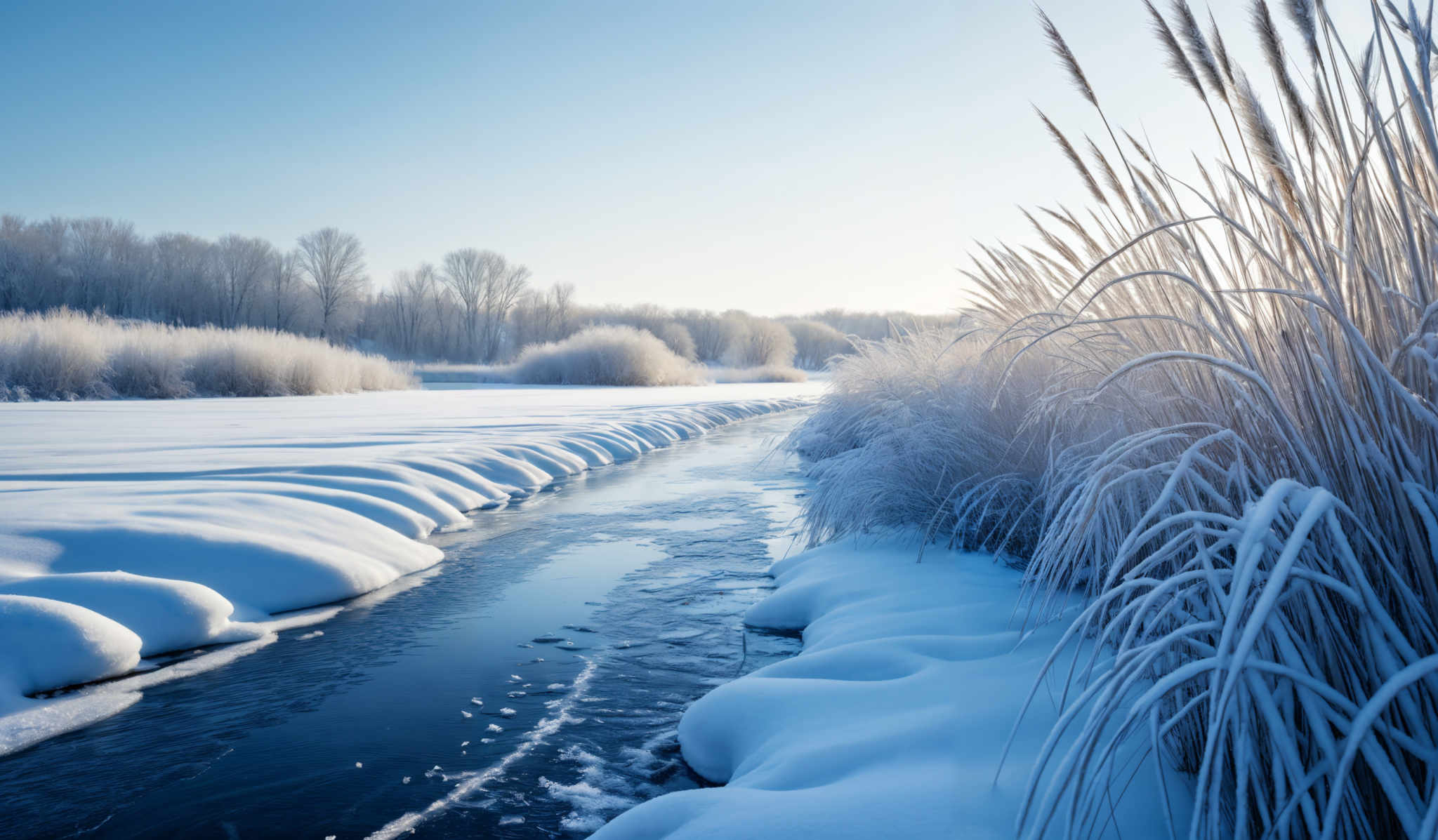 The image showcases a serene winter landscape. Dominant colors include shades of blue, white, and brown. The sky is clear with a hint of a sunrise or sunset, casting a soft golden hue. The foreground features tall, frosted grasses that stand tall and are covered in a thick layer of snow. A narrow stream or river winds its way through the snow-covered ground, reflecting the sky's colors. On either side of the stream, there are patches of trees, also covered in frost, creating a picturesque and tranquil scene.