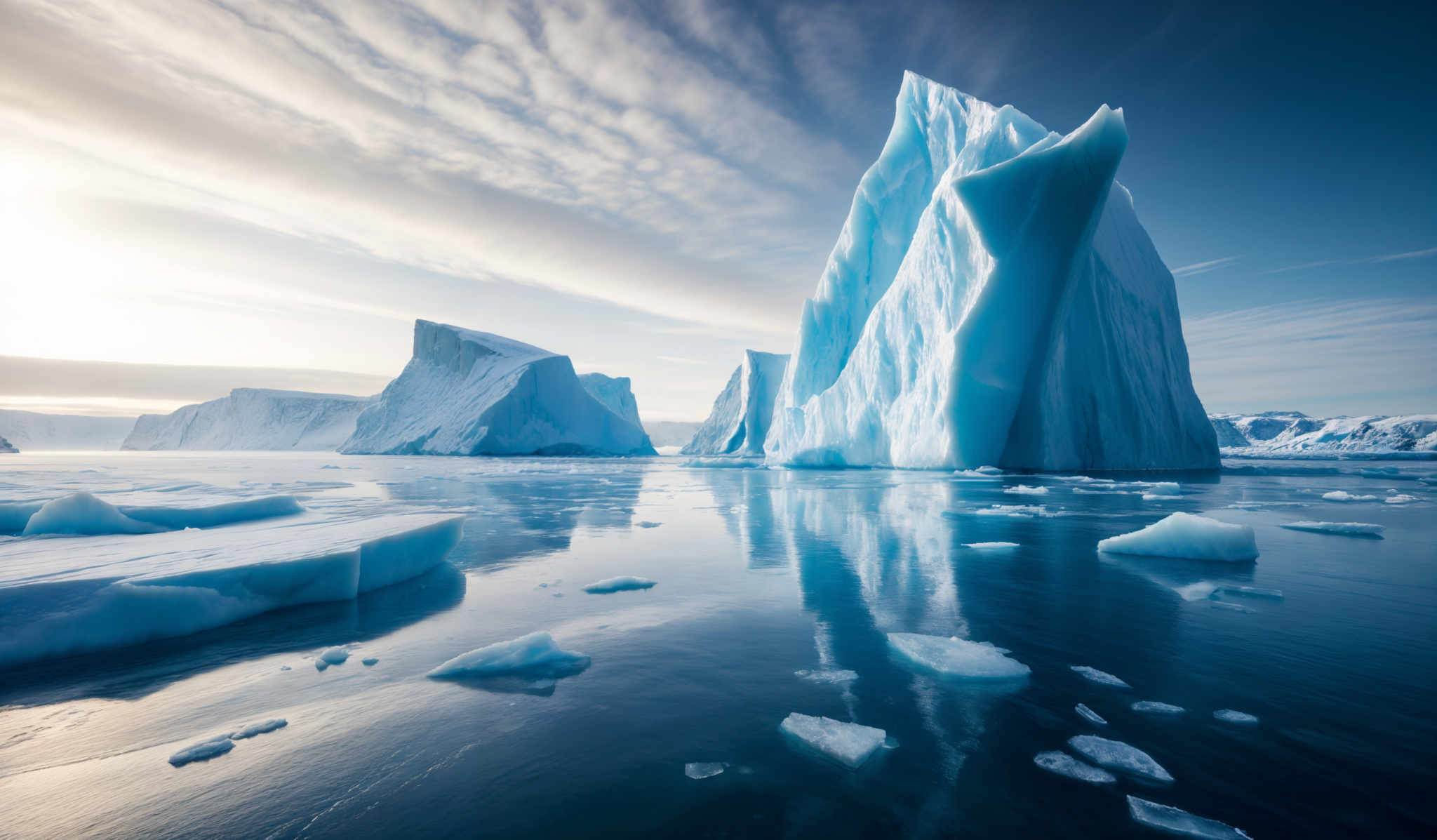 The image showcases a breathtaking icy landscape. Dominating the scene is a towering iceberg with a jagged, translucent blue hue. It stands majestically amidst a calm sea, surrounded by smaller floating ice chunks. The sky above is painted with hues of blue and white, with wispy clouds casting shadows on the water. In the distance, more massive ice formations can be seen, partially shrouded in mist. The overall ambiance is serene, yet awe-inspiring, capturing the raw beauty of nature in its purest form.