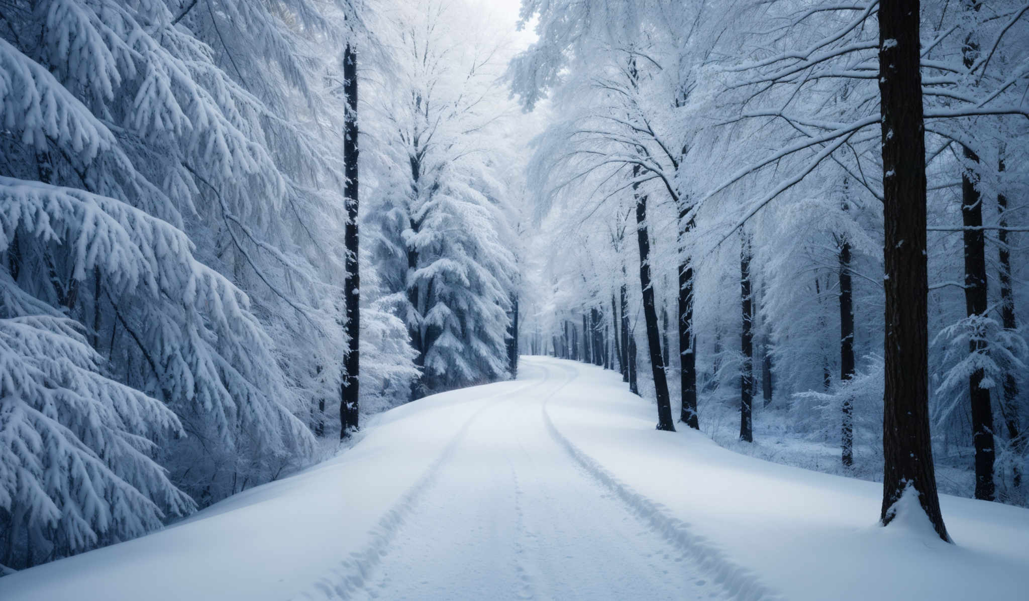 The image showcases a serene winter landscape. The dominant colors are various shades of blue and white, representing the snow-covered trees and ground. The trees, laden with snow, have a tall and slender shape, with their branches drooping under the weight of the snow. The path in the center of the image is also blanketed in snow, leading the viewer's eye deeper into the forest. The overall ambiance is calm and peaceful, evoking a sense of solitude and stillness.