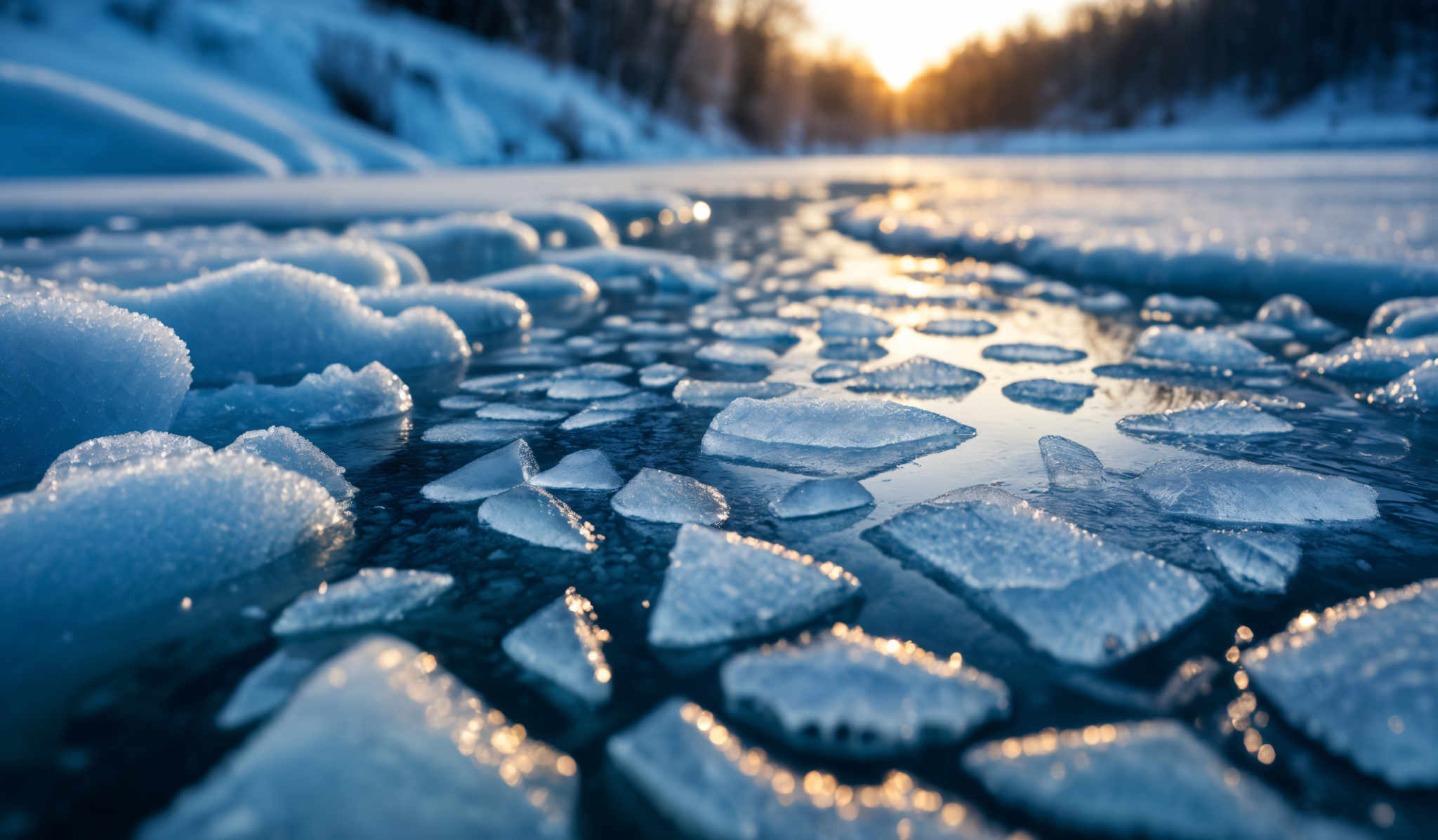 The image showcases a breathtaking winter scene. The dominant colors are shades of blue and white, representing the icy landscape. The ice formations are varied, with some pieces being smooth and others jagged. The sunlight filtering through the ice creates a beautiful contrast, casting a golden hue on certain parts of the ice and reflecting off the water. The background reveals a snow-covered landscape with trees, and the sun is seen setting or rising, casting long shadows and illuminating the scene with a warm glow.