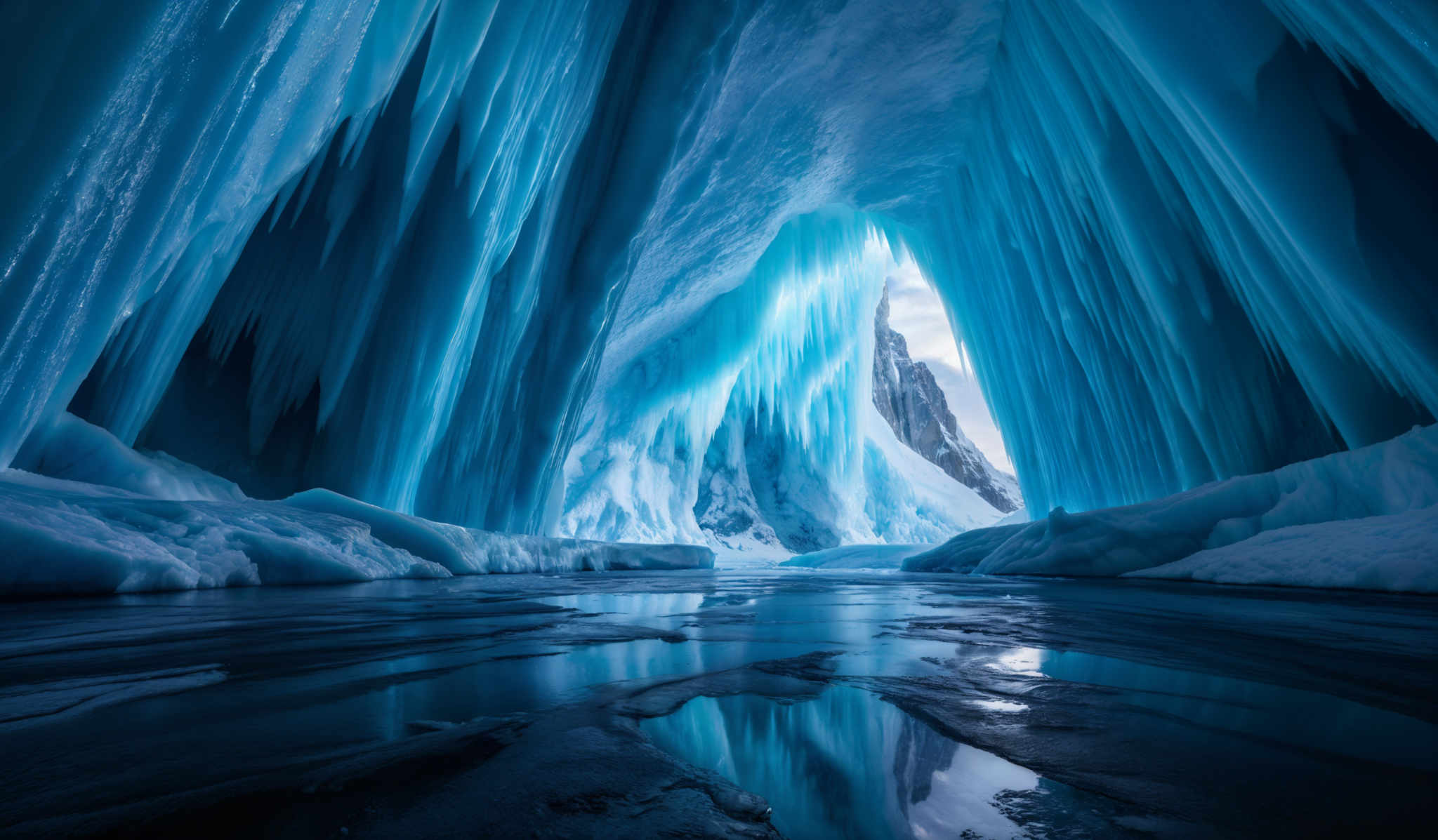 The image showcases a breathtaking view of an ice cave. The dominant color is a deep shade of blue, which gives the cave a serene and cold ambiance. The ice formations are tall and slender, cascading downwards in a manner reminiscent of icicles or stalactites. The cave's ceiling and walls are made up of these ice formulations, creating an arch-like structure. The floor is partially covered with ice, with some areas revealing a dark, rocky surface beneath. Puddles of water reflect the ice, adding depth and a mirror-like quality to the scene.