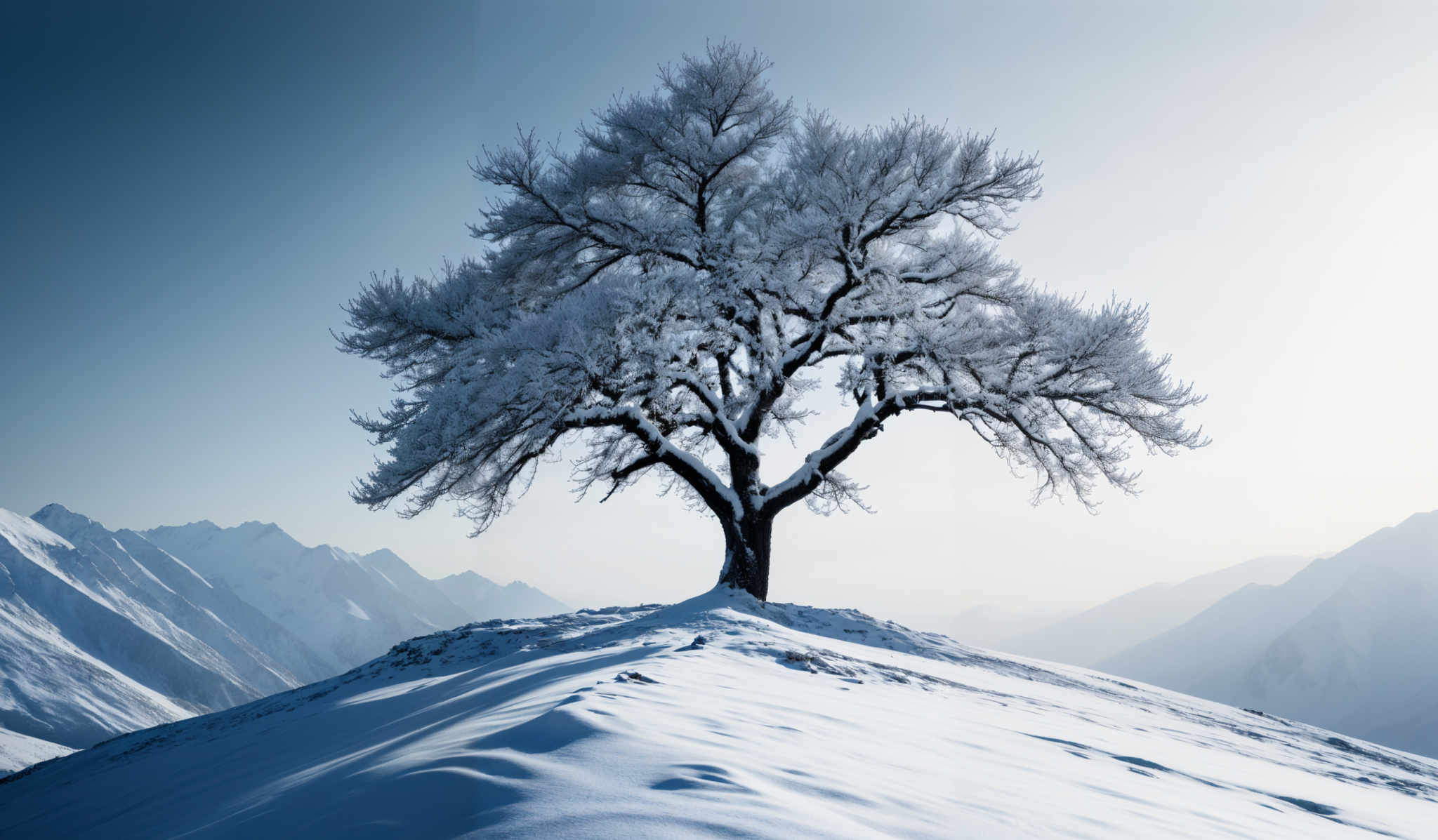 The image showcases a vast snowy landscape with a prominent tree standing in the foreground. The tree is covered in a thick layer of snow, making its branches appear like white, delicate branches. The snow-covered ground has a smooth texture, with subtle undulations. In the background, there are towering snow-capped mountains, creating a majestic backdrop. The sky is clear, allowing the sun to shine brightly, casting a soft glow on the scene.