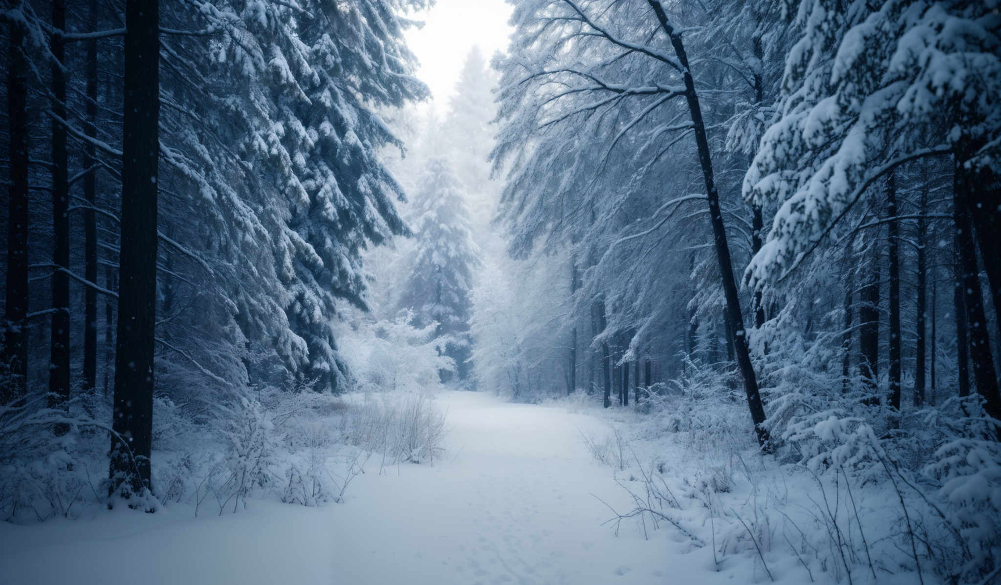 The image showcases a serene winter landscape. Dominating the scene are tall, slender trees covered in a thick layer of snow. The trees have a dark trunk, contrasting beautifully with the white snow-covered branches. The ground is blanketed in a uniform layer of white snow, with footprints visible, suggesting recent movement. The atmosphere is misty, with a soft glow illuminating the trees from the background, creating a dreamy and ethereal ambiance.