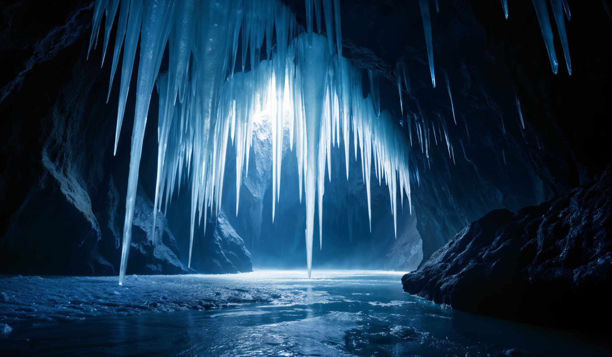 The image showcases a captivating scene of a cave with tall, icicle-like formations hanging from its ceiling. The icicles are translucent and have a blue hue, reflecting the ambient light. The cave's walls are rugged and dark, contrasting with the illuminated area where the icicles hang. The ground appears to be wet, possibly due to the melting of the icicle or rainfall, and is reflecting light, creating a shimmering effect. The overall ambiance of the image is serene and mystical.