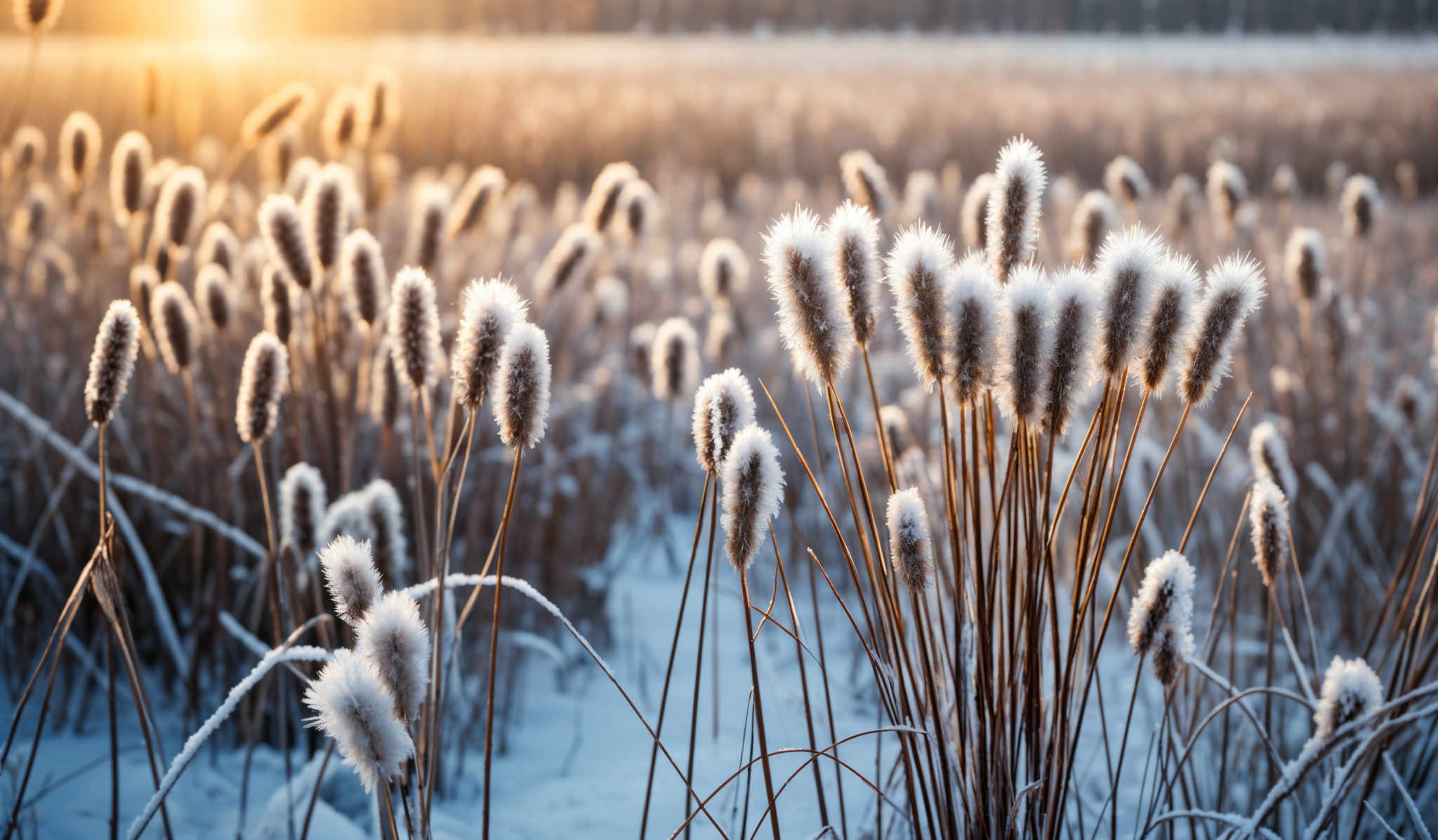 The image showcases a serene winter landscape. The dominant colors are shades of blue, white, and gold. The tall grass or reeds in the foreground are covered with a light layer of frost, giving them a fluffy, white appearance. Their slender brown stems stand tall against the snow-covered ground. In the background, there's a vast expanse of snow-clad fields, with the sun setting or rising on the horizon, casting a warm golden hue over the scene. The sunlight creates a beautiful contrast with the cold, wintry environment.