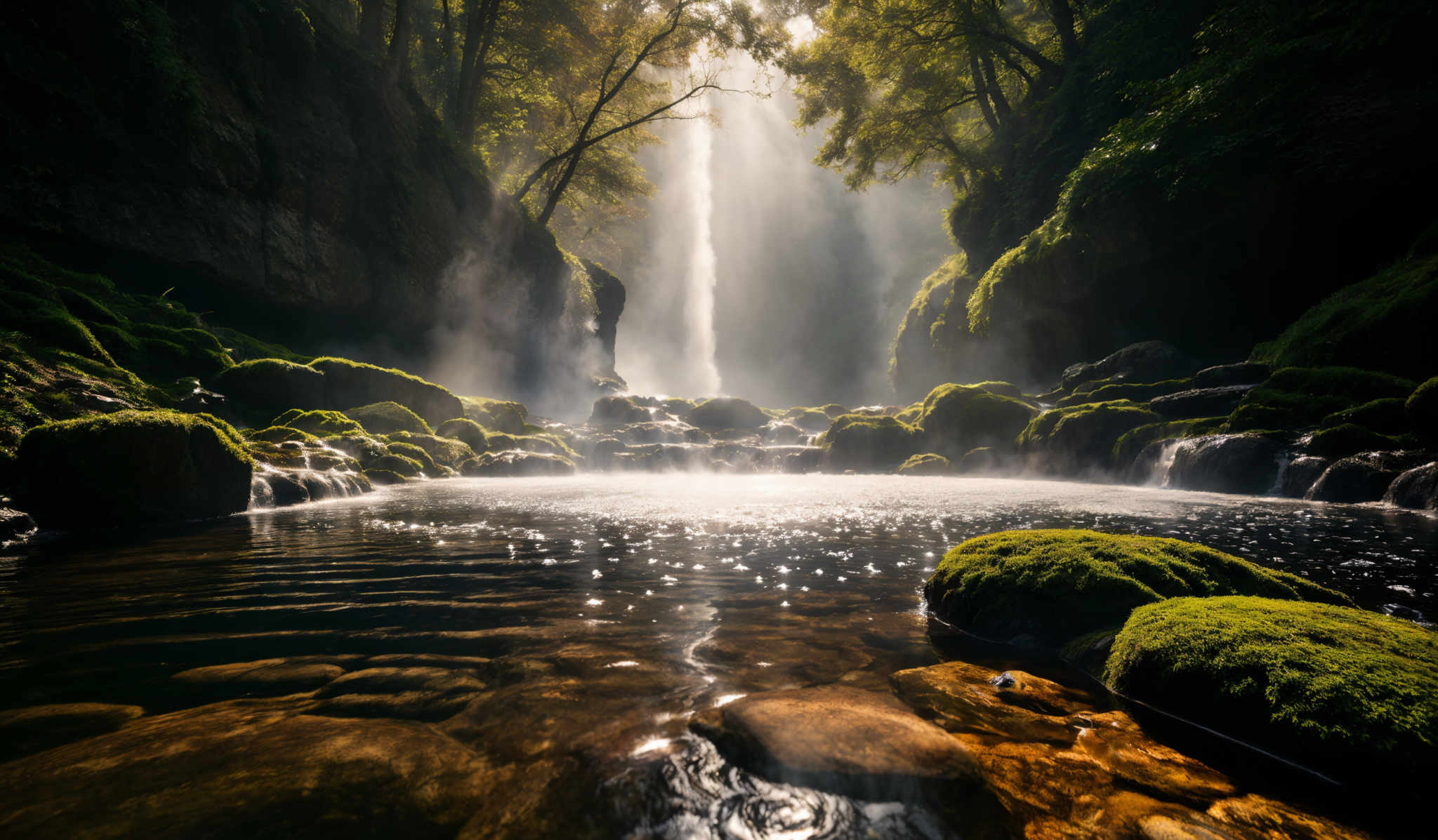 The image showcases a serene natural setting. Dominant colors include various shades of green from the moss-covered rocks and trees, and the deep blue of the water. The scene features a waterfall cascading down from a height, surrounded by lush greenery. The water flows over mossy rocks, creating a gentle mist. Sunlight filters through the trees, casting a soft glow on the water and illuminating the mist. The foreground has a calm pool of water with a few rocks visible, and there's a sense of tranquility and untouched beauty in the image, evoking feelings of peace and awe.