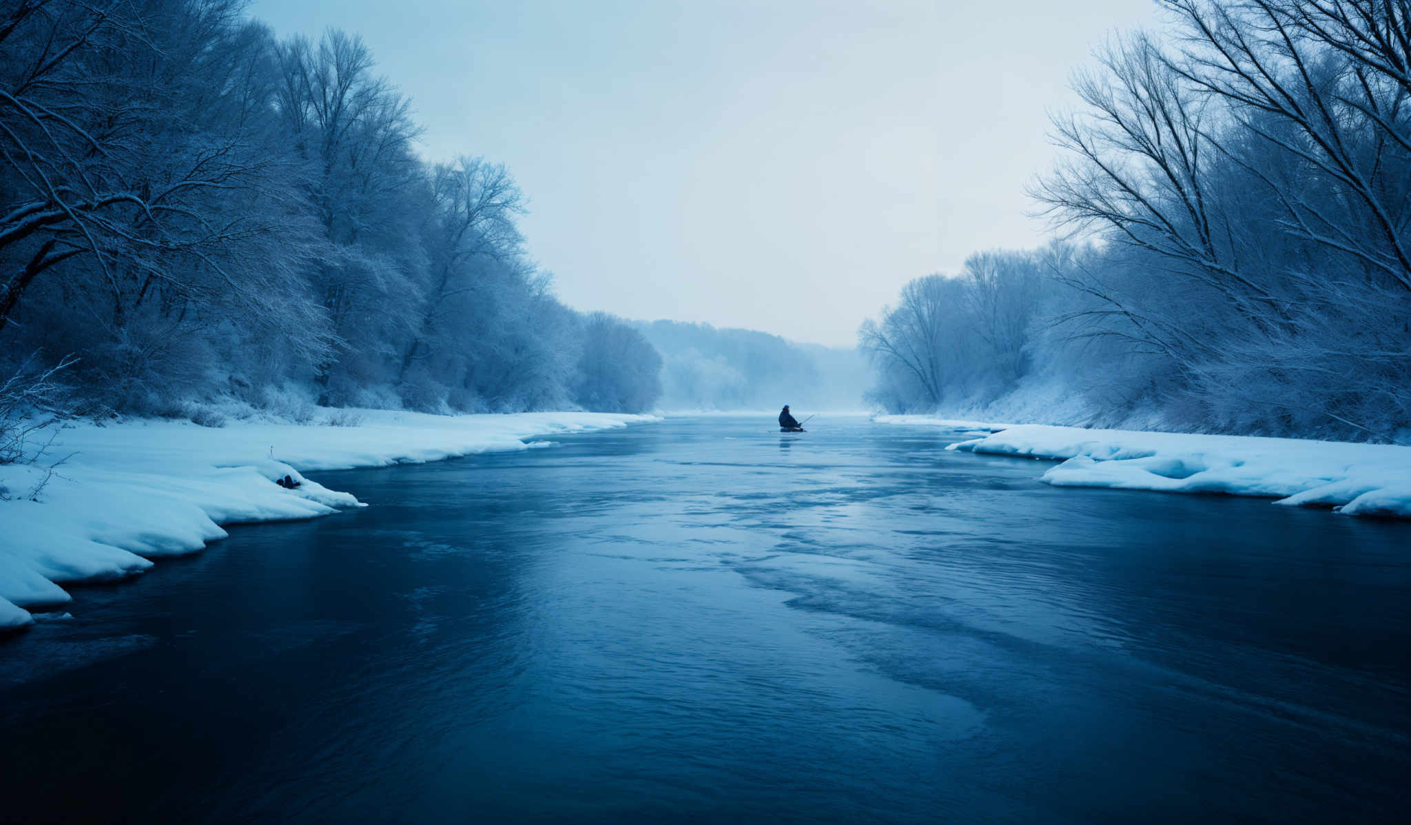 The image showcases a serene winter landscape. The dominant colors are shades of blue and white, creating a cold and tranquil ambiance. The landscape is dominated by snow-covered trees, their branches laden with frost. The river or stream in the center is calm, reflecting the surrounding trees and the sky. A lone figure can be seen paddling a small boat in the river, adding a touch of human presence to the otherwise untouched wilderness.