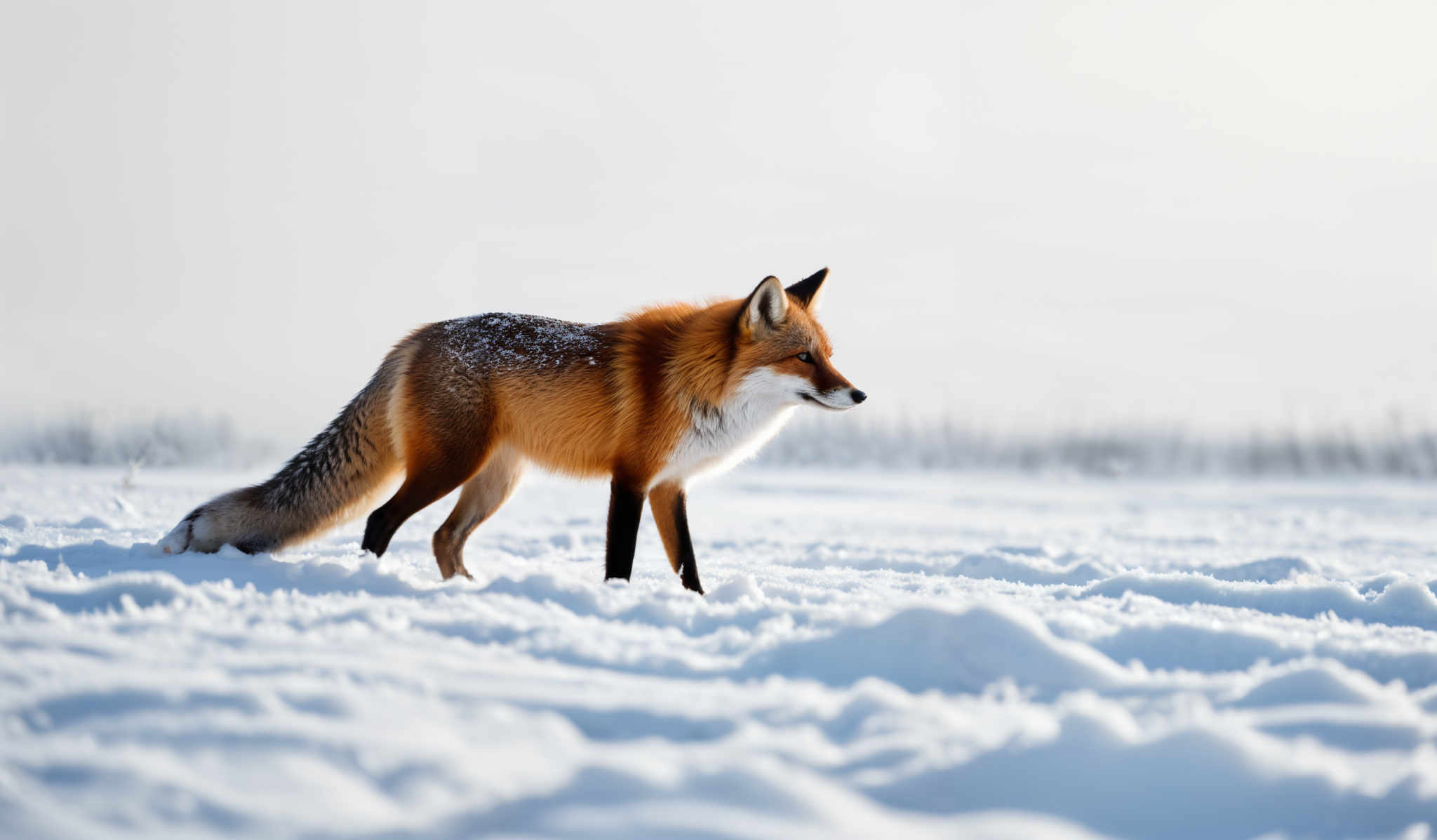 The image showcases a vibrant and striking scene of a fox in a snowy landscape. The fox has a rich reddish-brown fur coat with hints of white, especially on its muzzle and chest. Its tail is long and bushy, also in a reddished-b brown hue. The snowy background is vast and white, with some areas showing patches of exposed earth. The sky above is clear, allowing the sunlight to shine brightly on the fox, casting a warm glow on its fur.