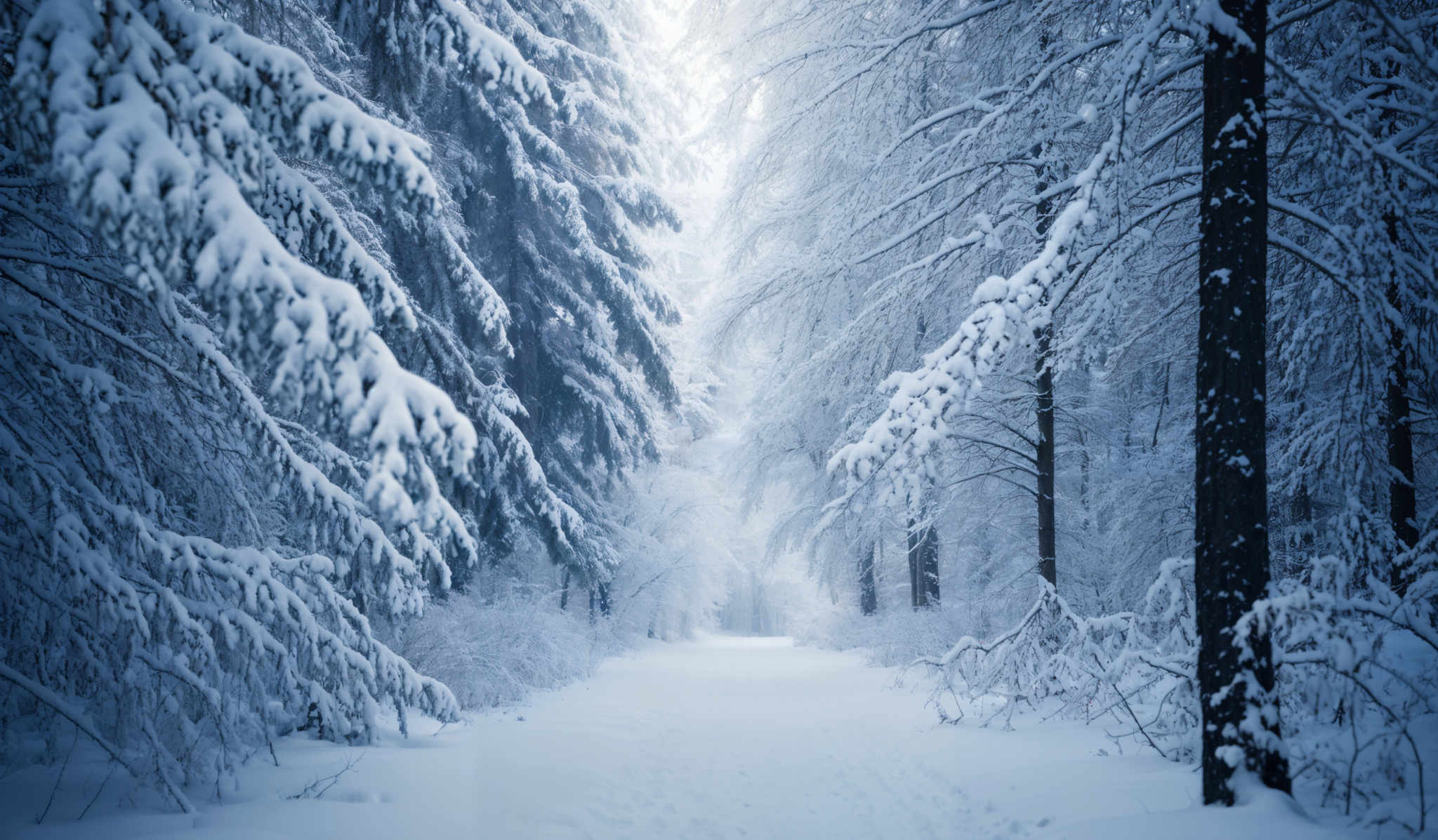 The image showcases a serene winter landscape. Dominating the scene are tall, slender trees covered in a thick layer of snow. The snow clings to the branches, forming intricate patterns and textures. The ground is blanketed in a uniform layer of white snow, with footprints faintly visible. The trees are densely packed, creating a canopy that filters the light, casting a soft, ethereal glow on the scene. The overall color palette is cool, with shades of blue and white dominating, evoking a sense of calm and tranquility.