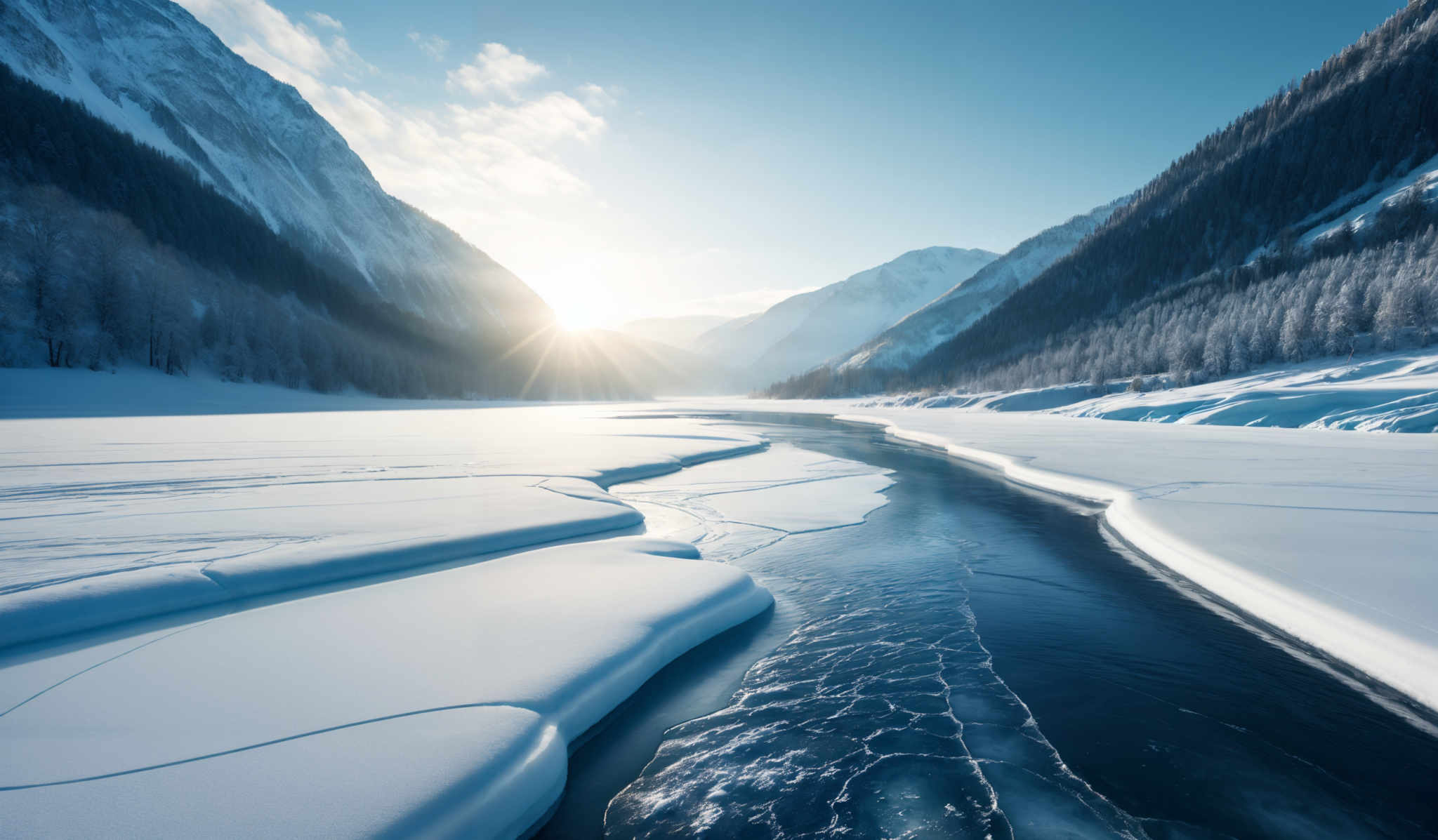 The image showcases a breathtaking winter landscape. Dominating the scene are snow-covered mountains with their peaks blanketed in white. The sun, positioned near the horizon, casts a warm golden hue, contrasting with the cold blue tones of the snow and water. In the foreground, there's a partially frozen body of water with intricate patterns of ice and water, reflecting the sunlight. The landscape is also dotted with coniferous trees, their branches heavy with snow, creating a serene and tranquil atmosphere.