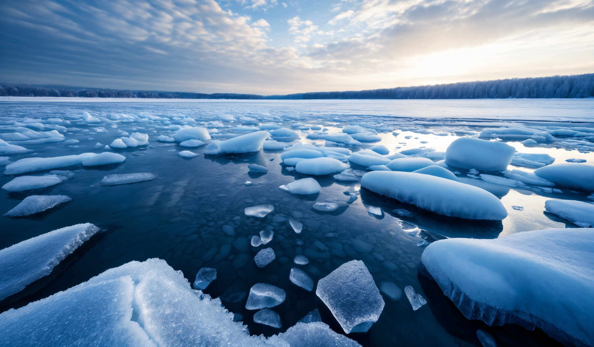 The image showcases a breathtaking winter landscape. The dominant colors are various shades of blue, from deep navy to light sky blue, representing the icy water and the cold atmosphere. The ice formations are irregular in shape, with some pieces being large chunks while others are smaller fragments floating on the water. The sky is painted with a mix of white and light blue clouds, hinting at a clear day. In the distance, a dense forest of trees can be seen, their silhouettes standing tall against the horizon.