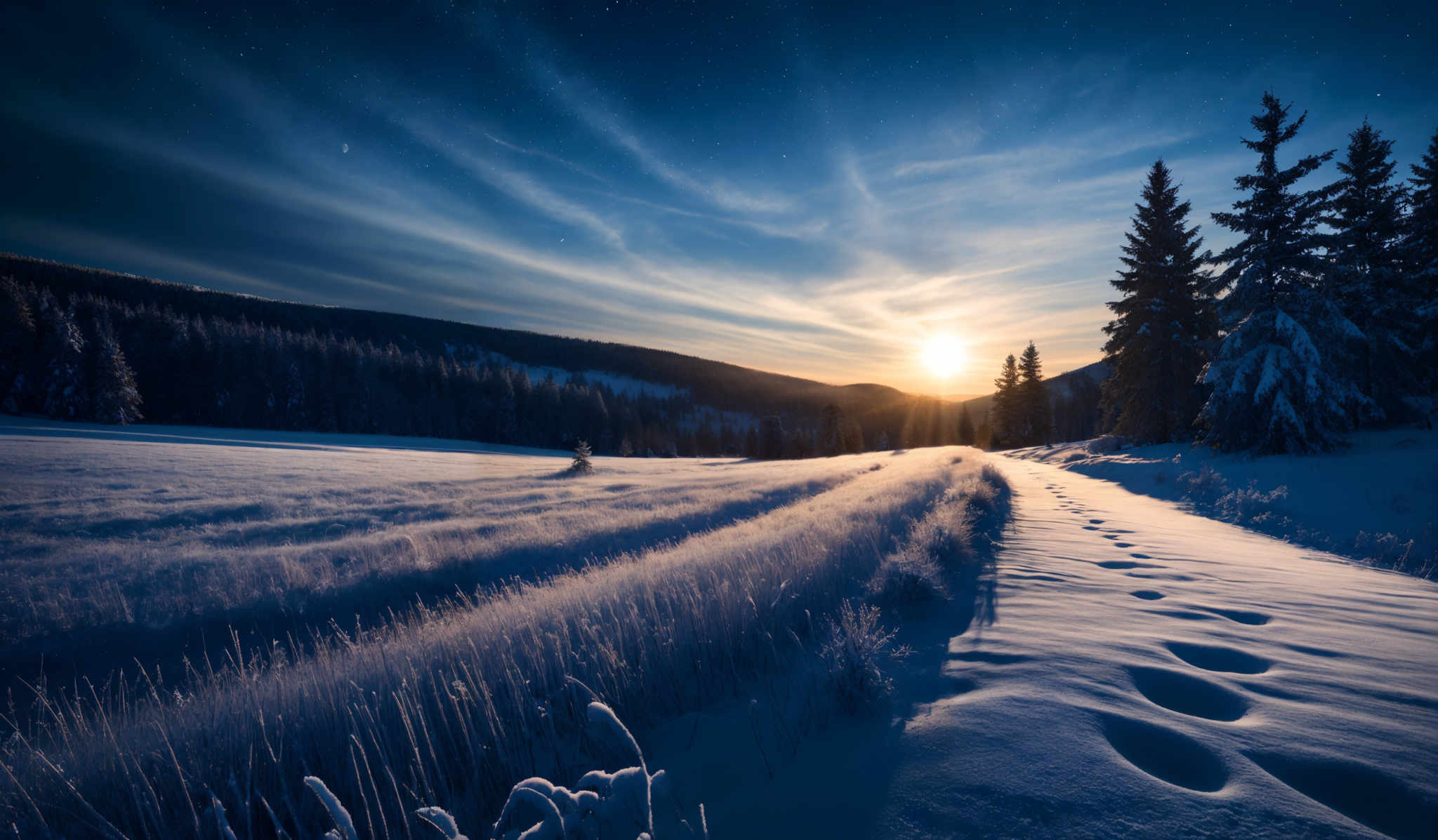 The image showcases a breathtaking winter landscape during what appears to be either dawn or dusk. The sky is painted with hues of deep blue, transitioning to a lighter shade near the horizon. Wispy clouds streak across the sky, and a few stars are visible. The ground is blanketed in snow, with a pathway leading through the middle. On either side of the pathway, tall evergreen trees stand covered in snow. The trees on the right are more densely packed and taller than those on the left. The sun casts a warm golden glow, illuminating the snow and creating a stark contrast with the cool tones of the sky.