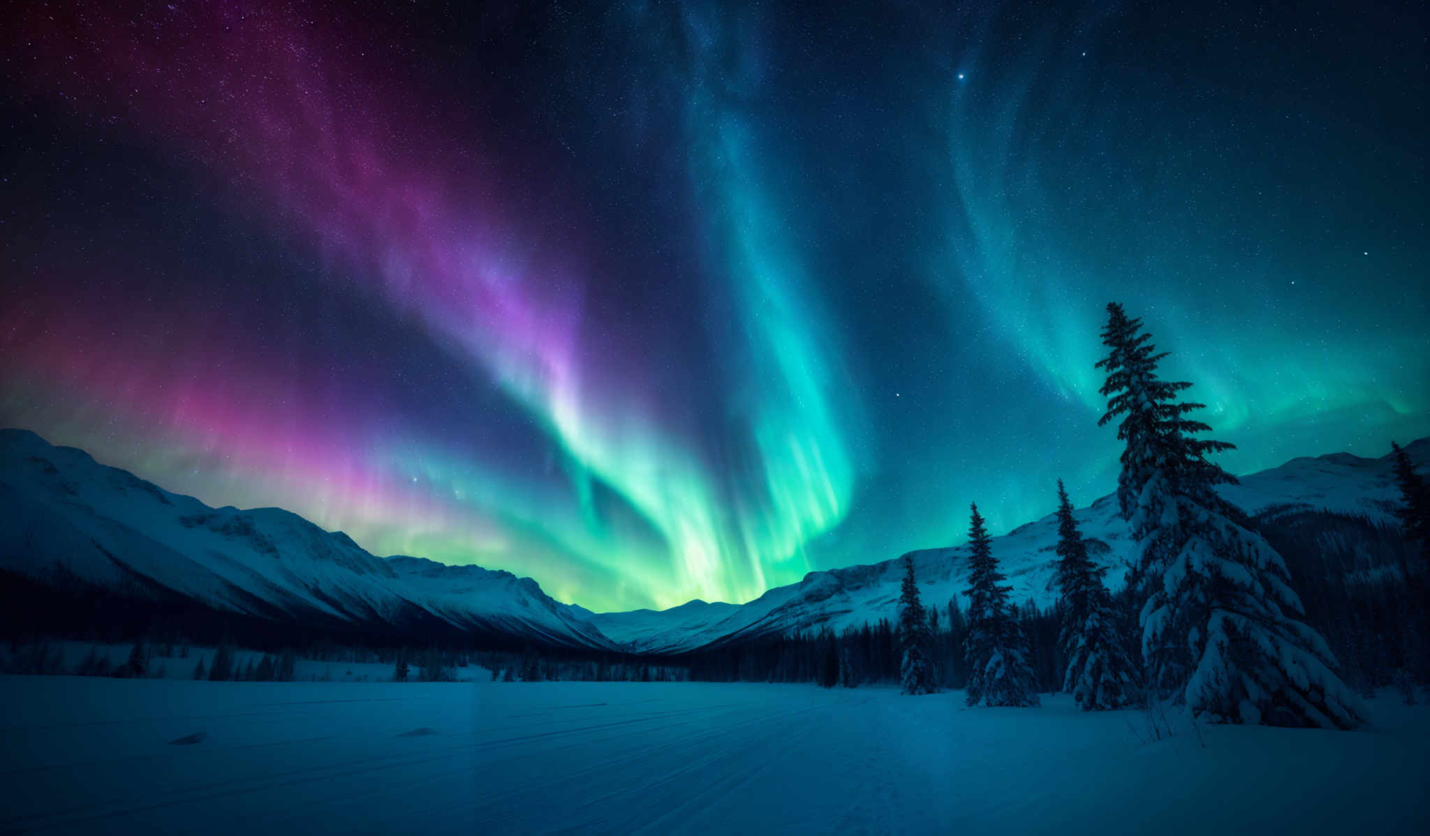 The image showcases a breathtaking view of the Northern Lights, also known as the Aurora Borealis. These natural light displays are characterized by vibrant colors ranging from deep blues and purples to bright greens and pinks. The shape of the Auroras in this image is wavy and streaked, cascading down from the top left corner and curving towards the bottom right. The backdrop is a starry night sky, adding to the ethereal beauty of the scene. In the foreground, there's a snowy landscape with tall, snow-covered trees, and a pathway or road leading into the distance.