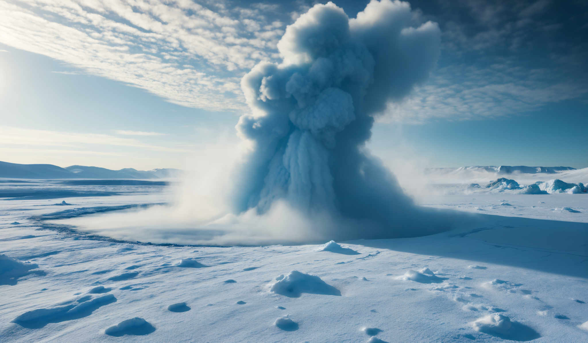 The image showcases a vast icy landscape with a prominent geyser erupting in the center. The geyzer releases a thick plume of steam and water, rising high into the sky. The surrounding area is covered in snow, with some patches of ice and rock visible. The sky is clear with a few scattered clouds, and the sun is shining brightly, casting a warm glow on the scene.