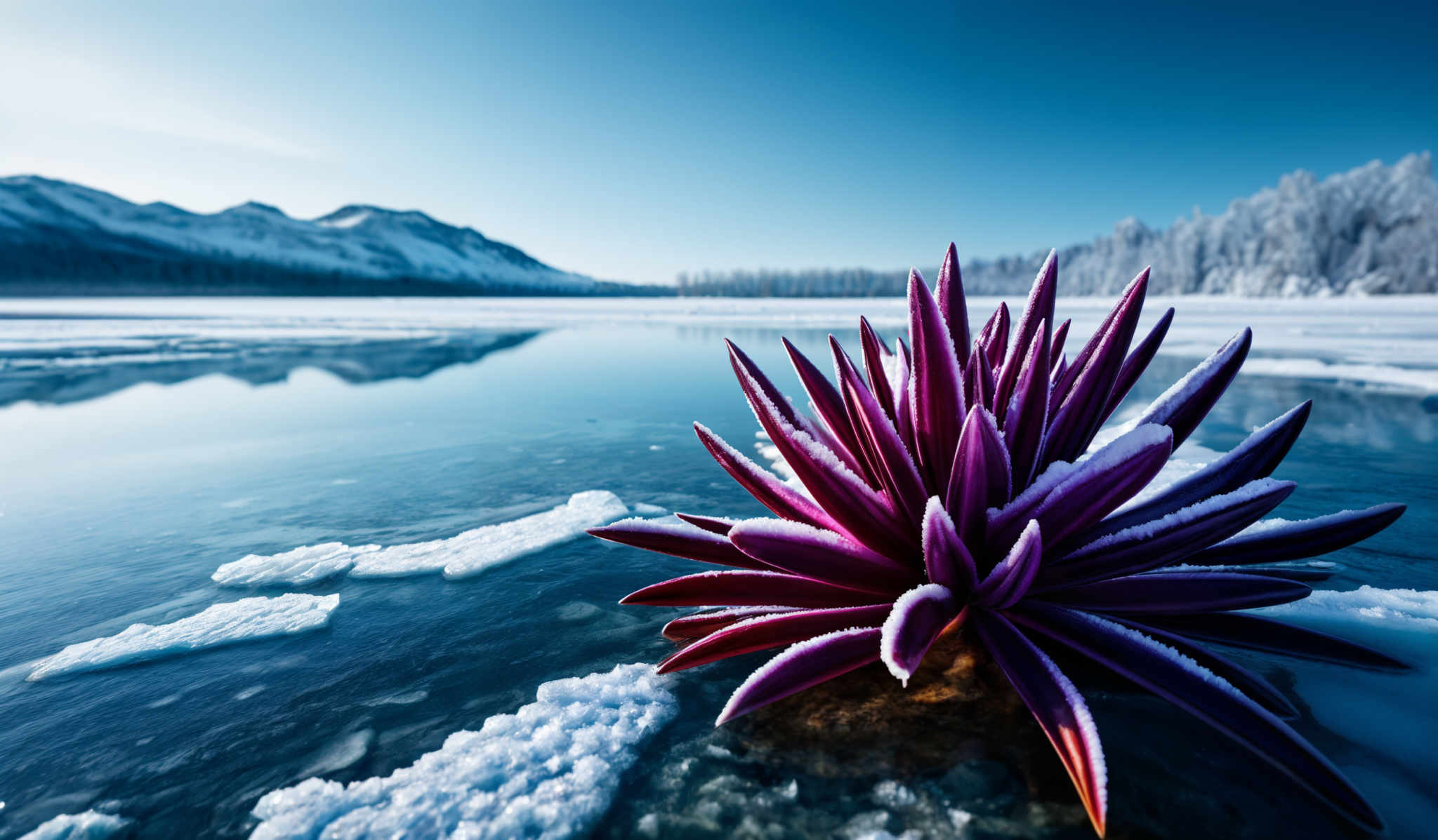 The image showcases a vibrant, elongated plant with a unique shape, appearing almost like a cluster of sharp, pointed leaves. These leaves are a striking shade of purple with white tips, giving them a frosty appearance. The plant is emerging from a body of water, with small patches of ice surrounding it. The water reflects the snowy landscape and the clear blue sky above. In the background, there are snow-covered mountains and a dense forest of pine trees.