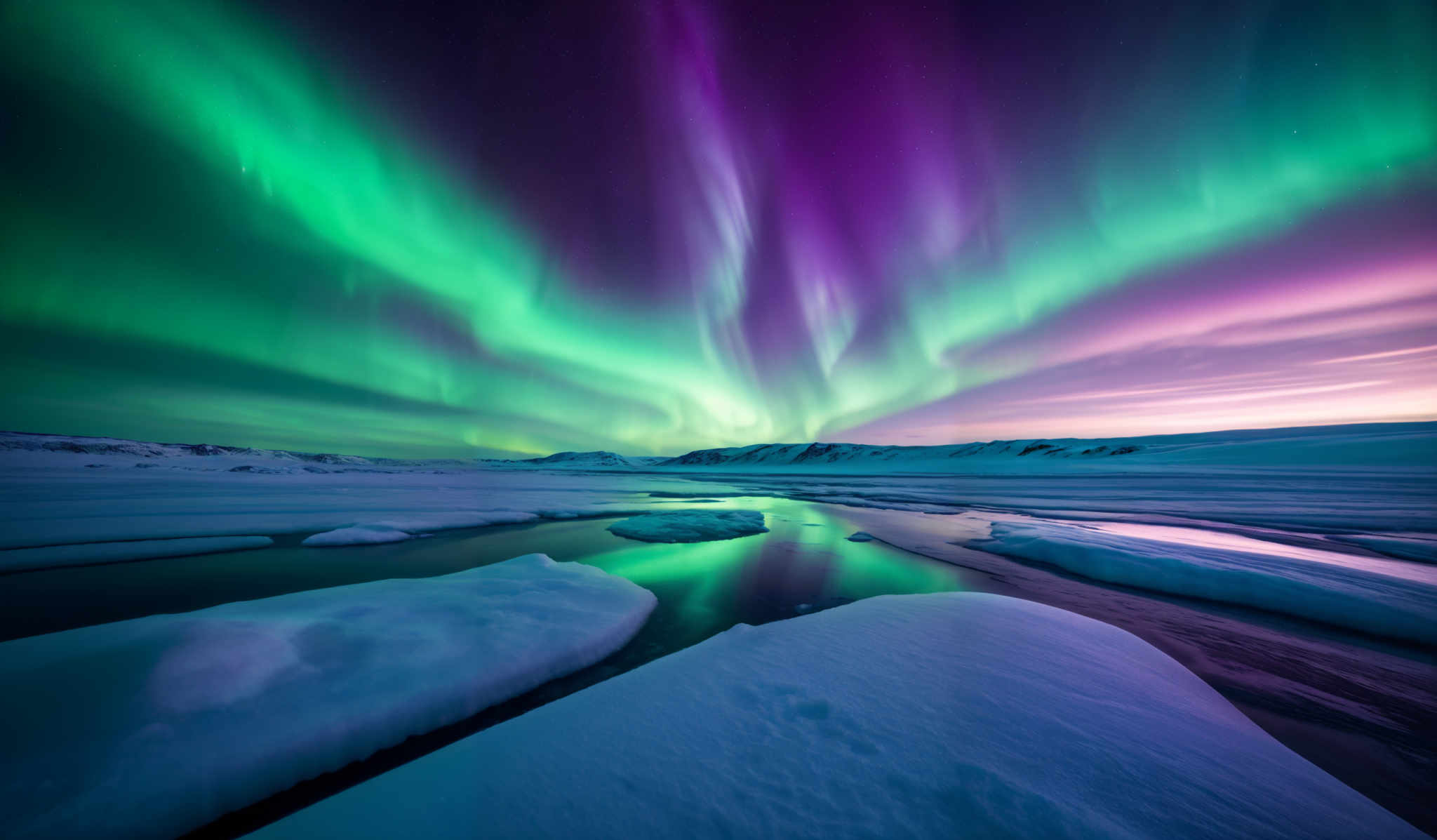 The image showcases the mesmerizing Northern Lights, also known as the Aurora Borealis. These lights display a vibrant array of colors, including shades of green, purple, and pink. The shapes are predominantly curved and wavy, creating an ethereal dance across the night sky. The landscape below is a snowy expanse with patches of ice floating on a body of water. The horizon reveals a faint glow, possibly from a setting or rising sun, which adds a warm contrast to the cold tones of the scene.