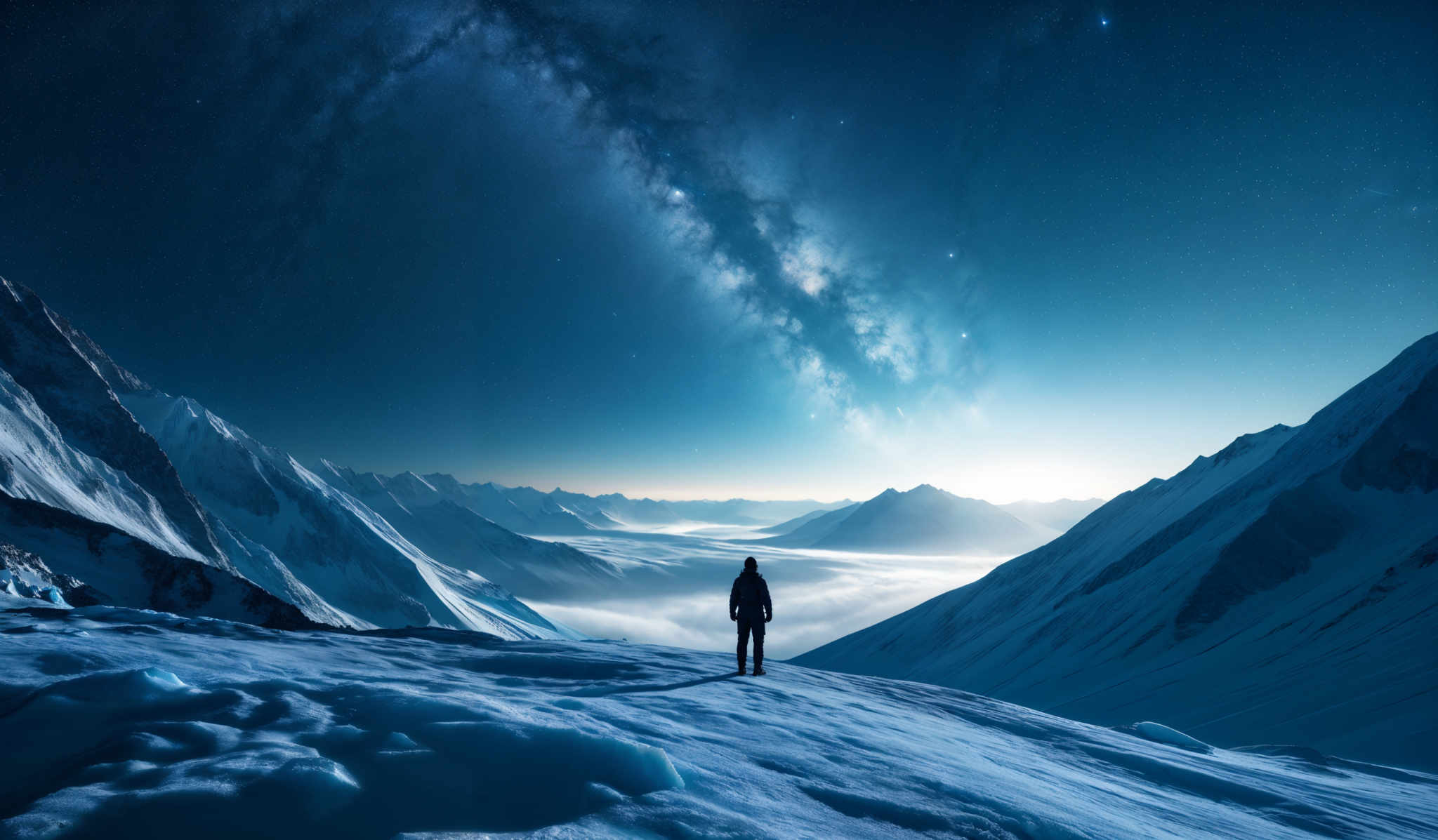 The image showcases a breathtaking night landscape. Dominating the sky is a vivid, milky way galaxy, with its dense, star-studded core and radiant, cloudy arms stretching across the dark expanse. The colors range from deep blues to luminous whites, creating a stark contrast with the surrounding darkness. Below, snow-covered mountain ranges rise majestically, their jagged peaks piercing the night sky. The mountains are bathed in a soft, ethereal light, possibly from a distant source or the moon. In the foreground, a solitary figure stands, silhouetted against the mountains, gazing up at the celestial spectacle. The person's presence adds a sense of scale and wonder to the scene.