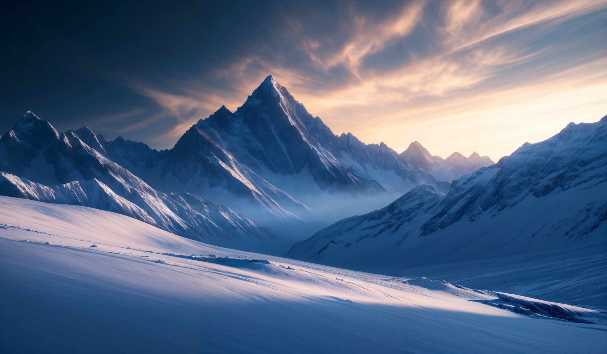 The image showcases a breathtaking mountainous landscape during what appears to be either dawn or dusk. The dominant colors are shades of blue, white, and gold. The mountains are sharp and jagged, with snow-covered peaks. The sky is painted with hues of orange, gold, and deep blue, with swirling clouds adding depth and drama to the scene. The foreground is blanketed in snow, with subtle undulations and footprints, suggesting recent movement.