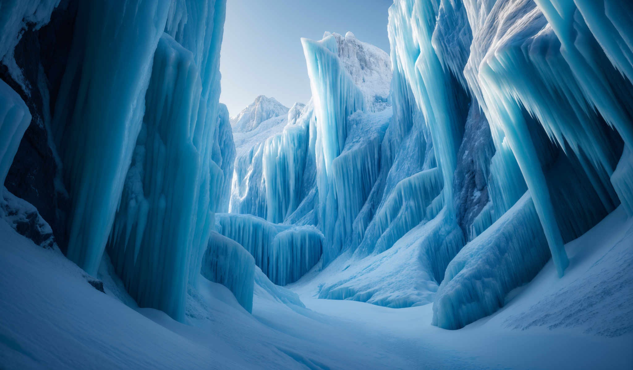 The image showcases a breathtaking view of tall, slender ice formations that resemble frozen waterfalls. These ice structures are predominantly in shades of blue, ranging from deep navy to lighter icy blue. They are characterized by their vertical alignment and appear to be cascading down from a higher point, creating an illusion of a frozen canyon. The ground is covered in snow, and the ice formulations are interspersed with patches of exposed rock. The lighting in the image casts shadows, emphasizing the depth and texture of the ice, and it seems to be taken during a clear day with the sun shining from the top right corner.