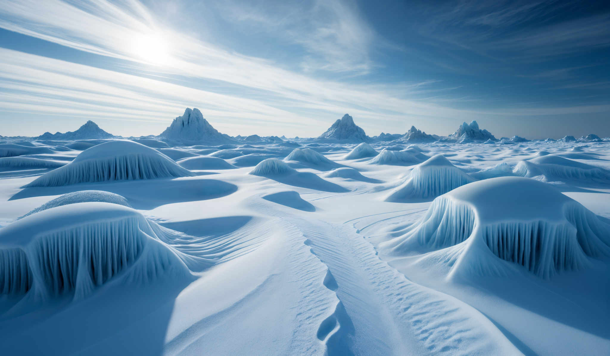 The image showcases a breathtaking icy landscape. The dominant colors are various shades of blue, from deep navy to light sky blue. The terrain is dotted with unique formations that resemble frozen mushrooms or towers. These formations have a wavy, translucent appearance, suggesting they are made of ice. The sky above is vast and clear, with streaks of white clouds. The sun is shining brightly, casting a radiant glow over the entire scene.