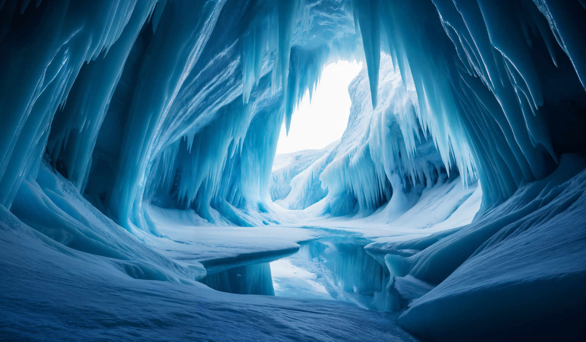 The image showcases a breathtaking view of an ice cave. The dominant colors are various shades of blue, ranging from deep navy to light icy blue. The ice formations are tall, slender, and have a wavy texture, giving them an ethereal appearance. They hang down from the ceiling in large, cascading icicles, while the walls and floor are covered in smooth, undulating ice sheets. A serene pool of water reflects the surrounding ice, adding depth and a touch of tranquility to the scene.