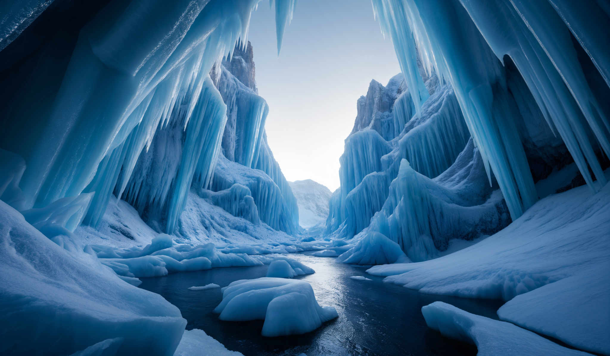 The image showcases a breathtaking view of ice formations. The dominant colors are various shades of blue, ranging from deep navy to light icy blue. The ice formulations are tall, slender, and appear to be hanging down from an opening in the ceiling, creating an arch-like structure. The ground is covered in ice, with some areas showing exposed rocky surfaces. There are also pockets of water, reflecting the surrounding ice, and some ice chunks floating on the surface. The overall ambiance is serene, cold, and otherworldly.