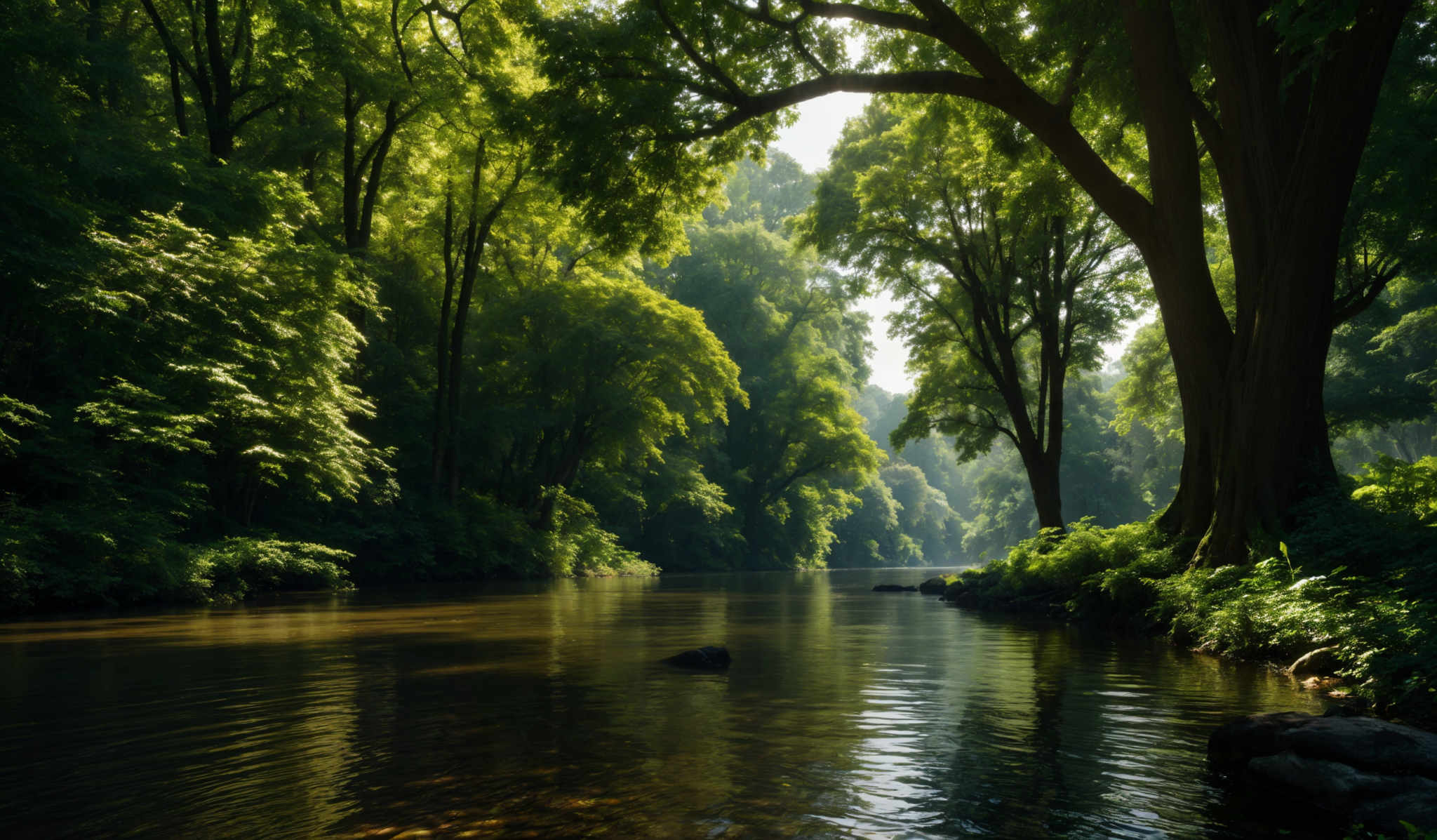 The image showcases a serene forest scene with lush green trees. The trees have a dense canopy, with some of them having large, rounded trunks. The forest floor is covered with green foliage and a few rocks can be seen near the water's edge. The water in the foreground is calm, reflecting the trees and the sky. Sunlight filters through the trees, casting dappled light on the water and creating a peaceful ambiance.