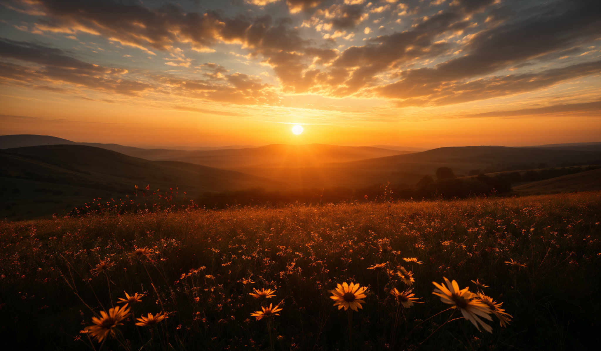 The image showcases a breathtaking sunset over a vast landscape. The sky is painted with hues of orange, gold, and deep blue, with scattered clouds illuminated by the setting sun. The sun itself is a bright, radiant orb, casting a warm glow over the scene. Below, rolling hills stretch out, dotted with patches of greenery and a field of wildflowers that glow with the sun's reflection. The flowers, primarily yellow with some white, stand tall and are backlit, creating a silhouette effect. The overall mood of the image is serene and tranquil, evoking feelings of awe and wonder.