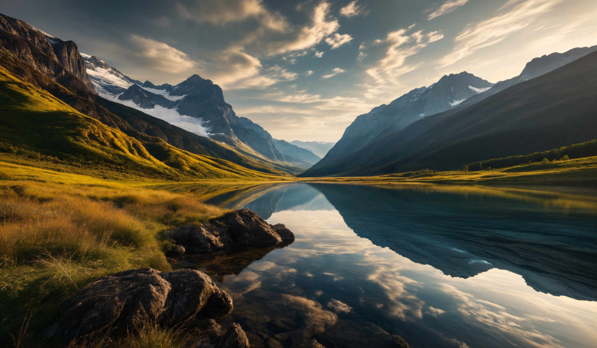 The image showcases a breathtaking landscape with a serene lake reflecting the surrounding scenery. The lake's calm waters mirror the towering mountains with their jagged peaks, some of which are capped with snow. The foreground features lush green grassy meadows, and there are scattered rocks near the water's edge. Above, the sky is painted with hues of blue and white, with clouds casting shadows on the mountains. The sunlight illuminates the grass and parts of the mountains, creating a contrast between light and shadow.