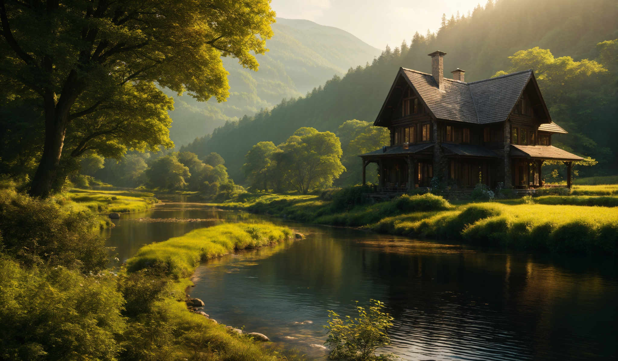 The image showcases a serene landscape with a large, majestic tree on the left. The tree has a broad, rounded canopy with lush green leaves. In the center, there's a wooden house with a sloping roof, two chimneys, and large windows. The house is nestled beside a calm river that reflects the surrounding greenery and the house itself. The river meanders through a grassy field, bordered by more trees and shrubs. In background, there are towering mountains, partially covered in dense forests, and the scene is illuminated by a soft, golden sunlight filtering through the trees.