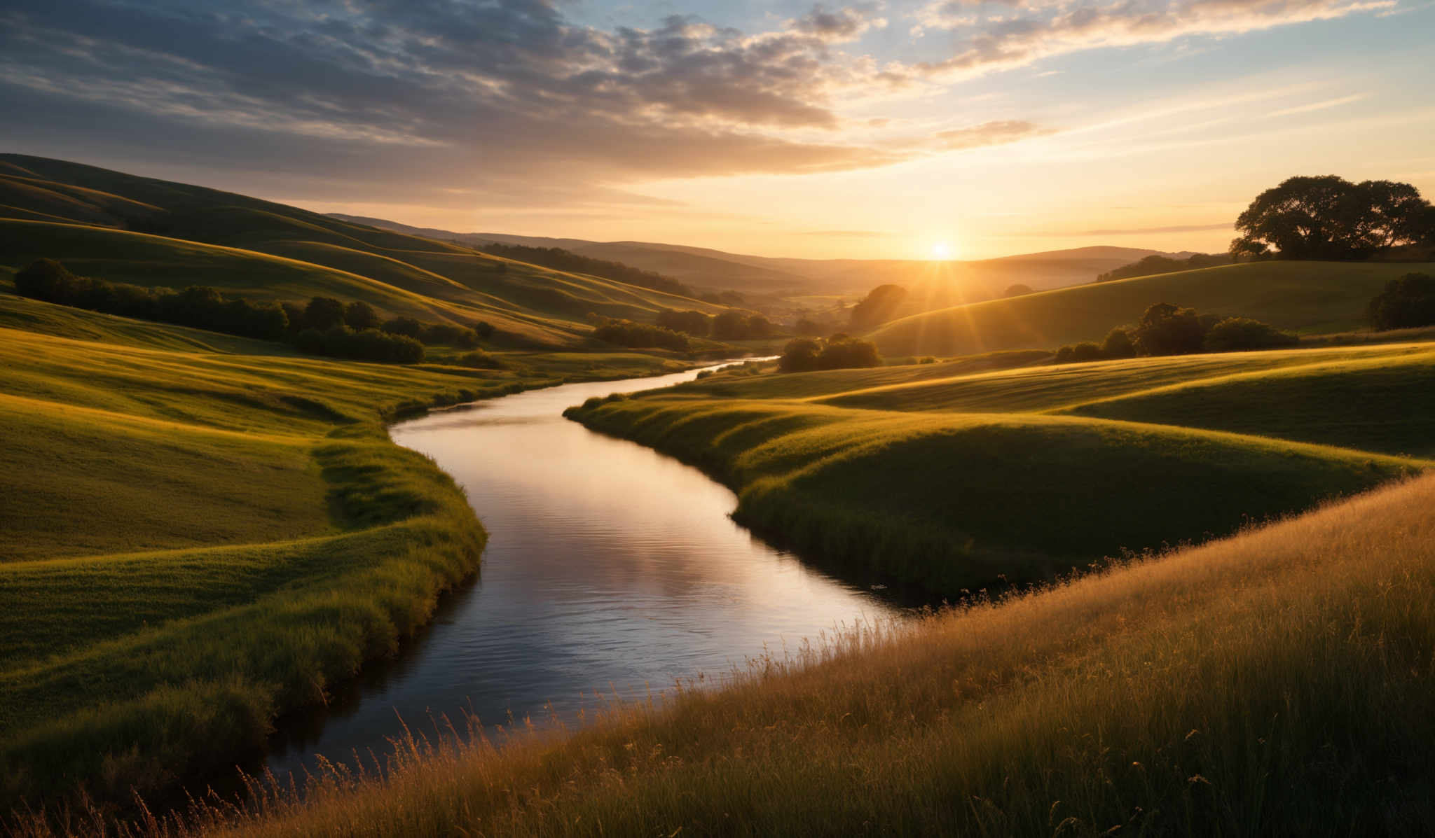 The image showcases a picturesque landscape during sunset. The dominant colors are shades of green from the rolling hills and grassy fields, golden hues from the setting sun, and deep blues from both the sky and the water. The hills are undulating and appear lush, with the grass reflecting the golden light from the sun. A serpentine river winds its way through the valley, reflecting both the sun's glow and the surrounding greenery. The sky is painted with a mix of clouds, some illuminated by the setting light and others casting shadows.