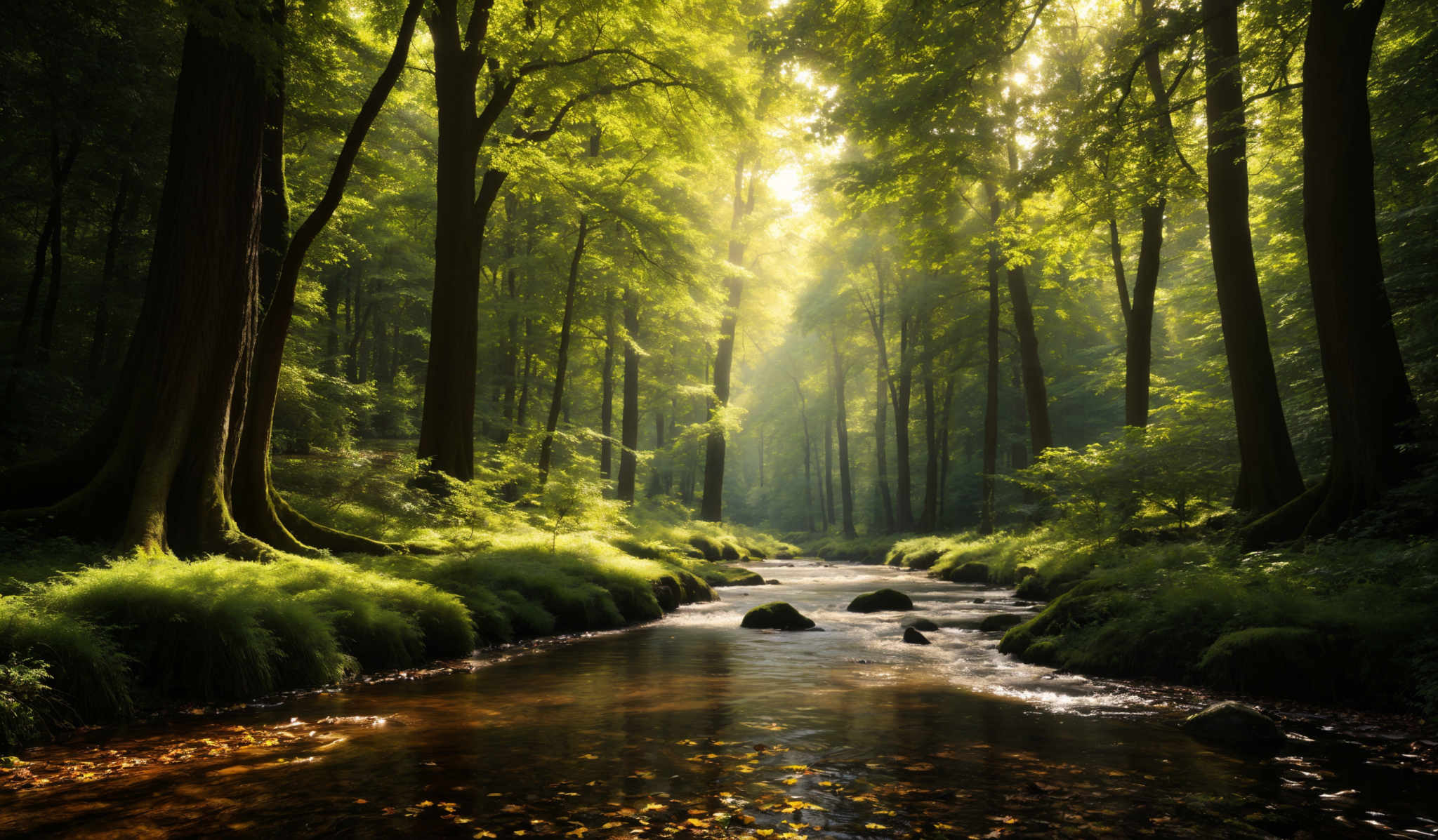 The image showcases a lush forest with tall, slender trees. The trees have a rich green hue, indicating dense foliage. The forest floor is covered with vibrant green moss and ferns, and there's a serene stream flowing through the center. Sunlight filters through the canopy, casting a soft, golden glow on the scene. The stream has a few rocks, and its waters reflect the surrounding greenery. The overall ambiance is tranquil and peaceful.