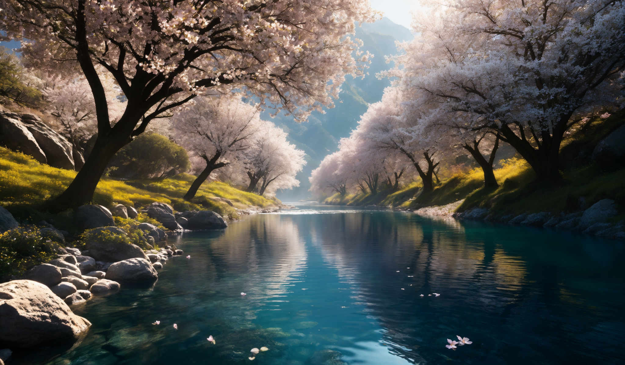 The image showcases a serene landscape with a river flowing gently. The river's water is a clear turquoise, reflecting the surrounding scenery. On either side of the river, there are lush green grassy banks adorned with a variety of rocks. Above, a canopy of cherry blossom trees in full bloom stretches across the scene, their pink petals contrasting beautifully with the green grass and the blue sky. The trees are tall and slender, with their branches reaching out in all directions. The sunlight filters through the trees, casting a soft glow on the water and illuminating the scene with a warm, golden hue.